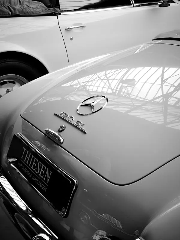 Close Look at Back of Vintage Mercedes in Exhibition