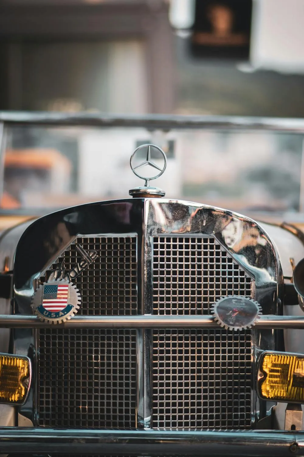 Close Up Front Grille of Classic Mercedes Vintage Car