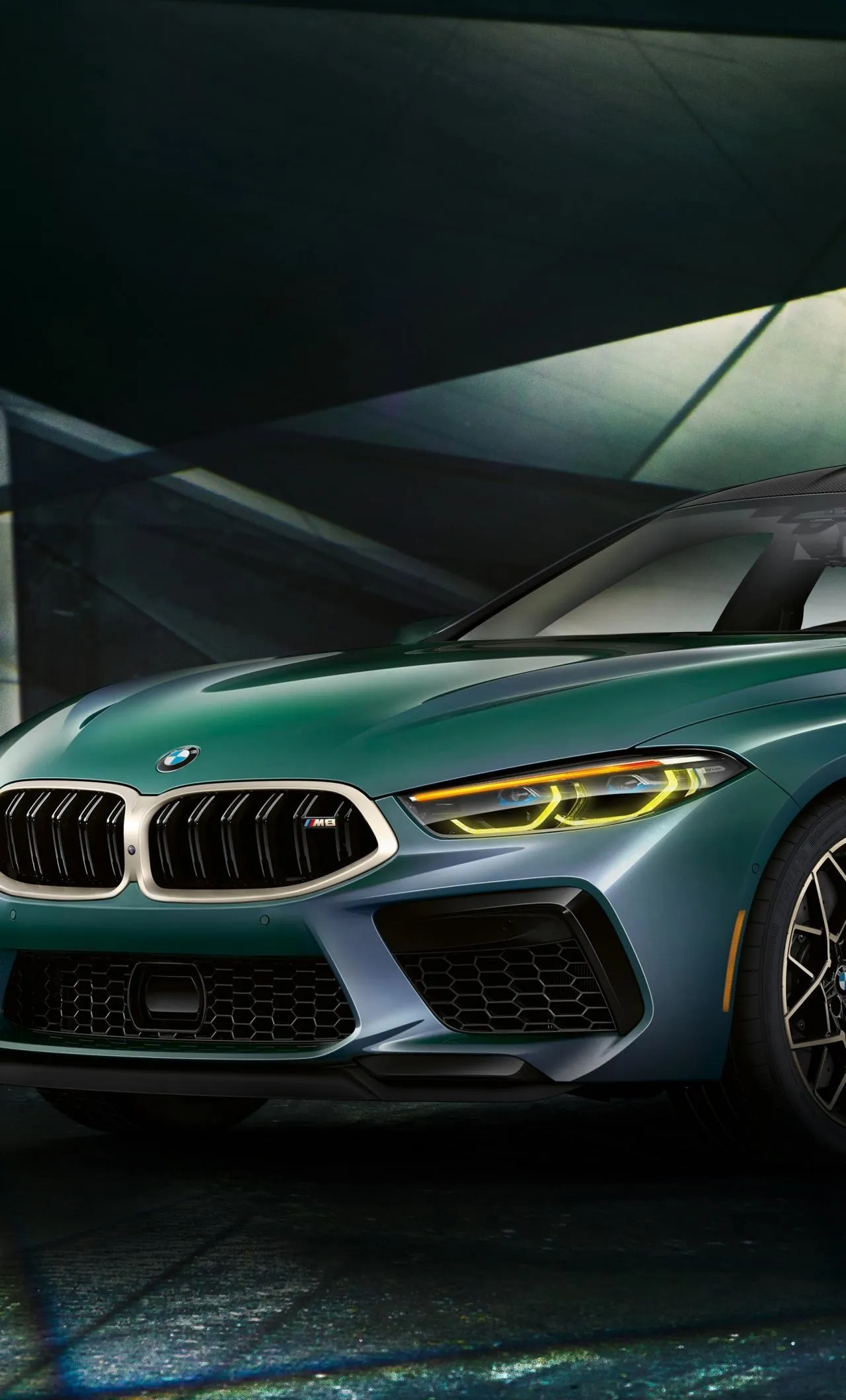 Close Up of Green Bmw Front Grille with Headlights Wallpaper