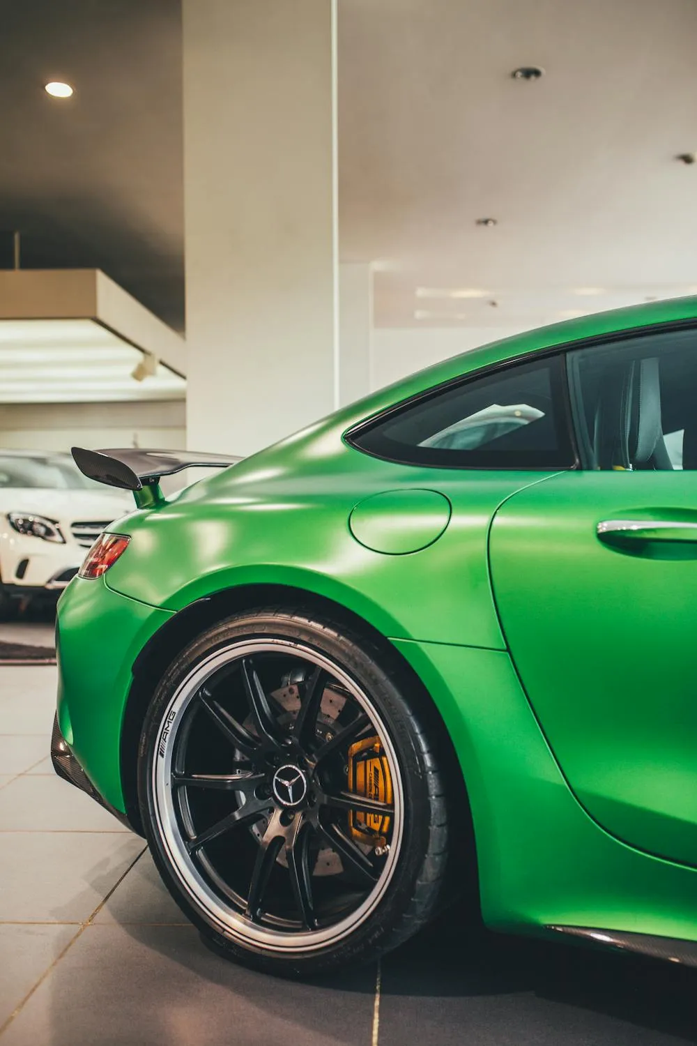 Close up of Green Mercedes Benz Wheel and Tire Details