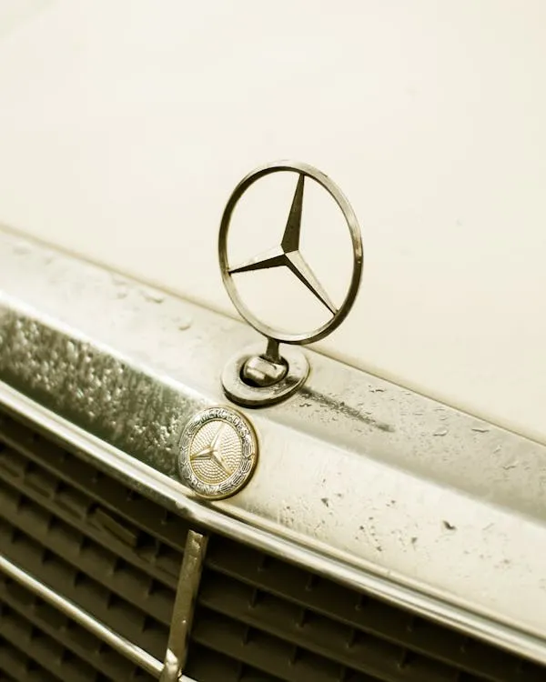 Closeup Classic Mercedes Benz Hood Ornament in Vintage Style