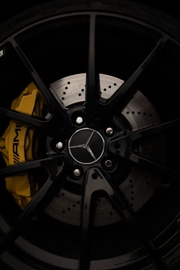 Closeup of Black Mercedes Benz Wheel and Brake Caliper Detail