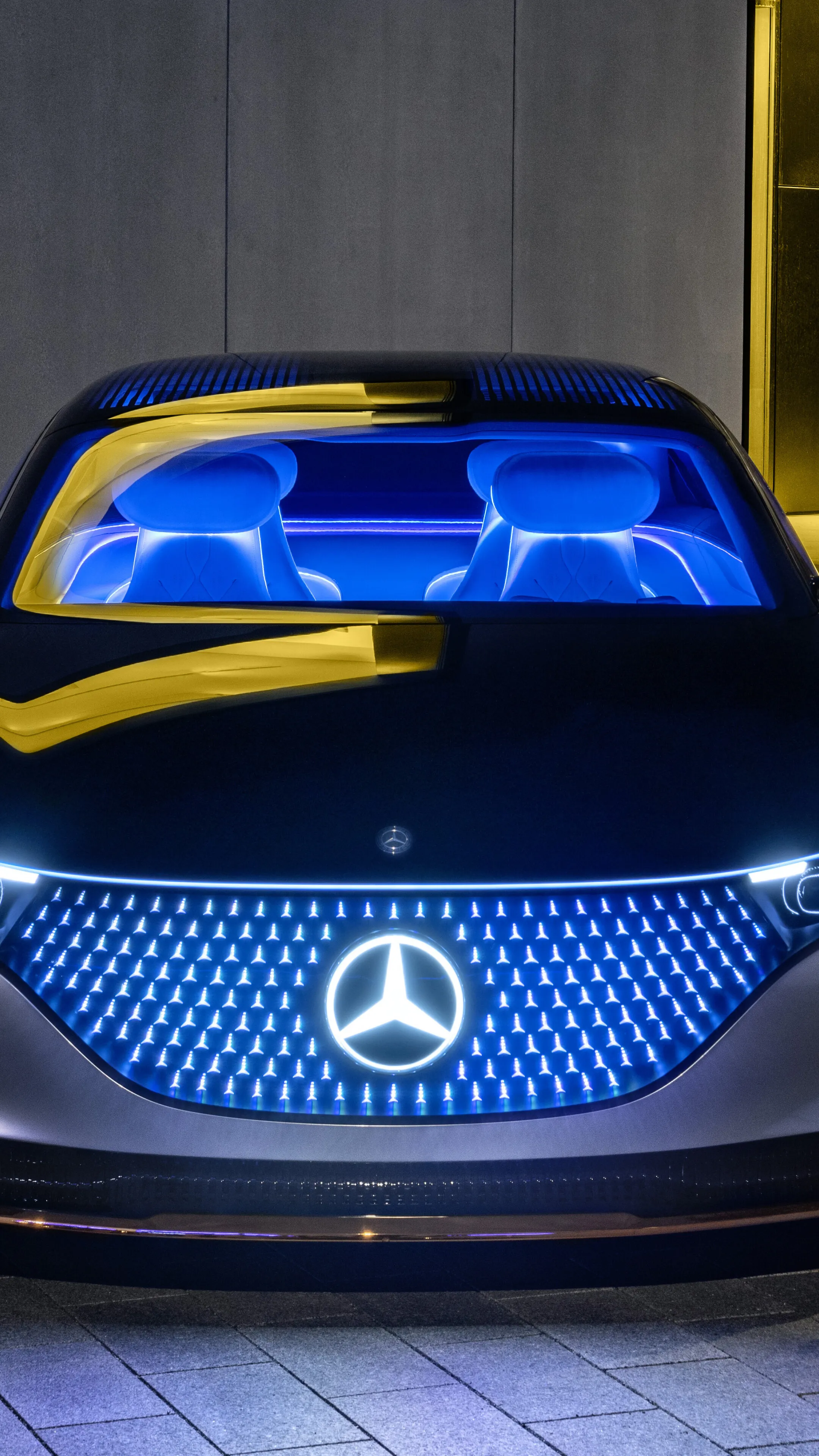 Closeup of Blue and Yellow Mercedes Benz Electric Car
