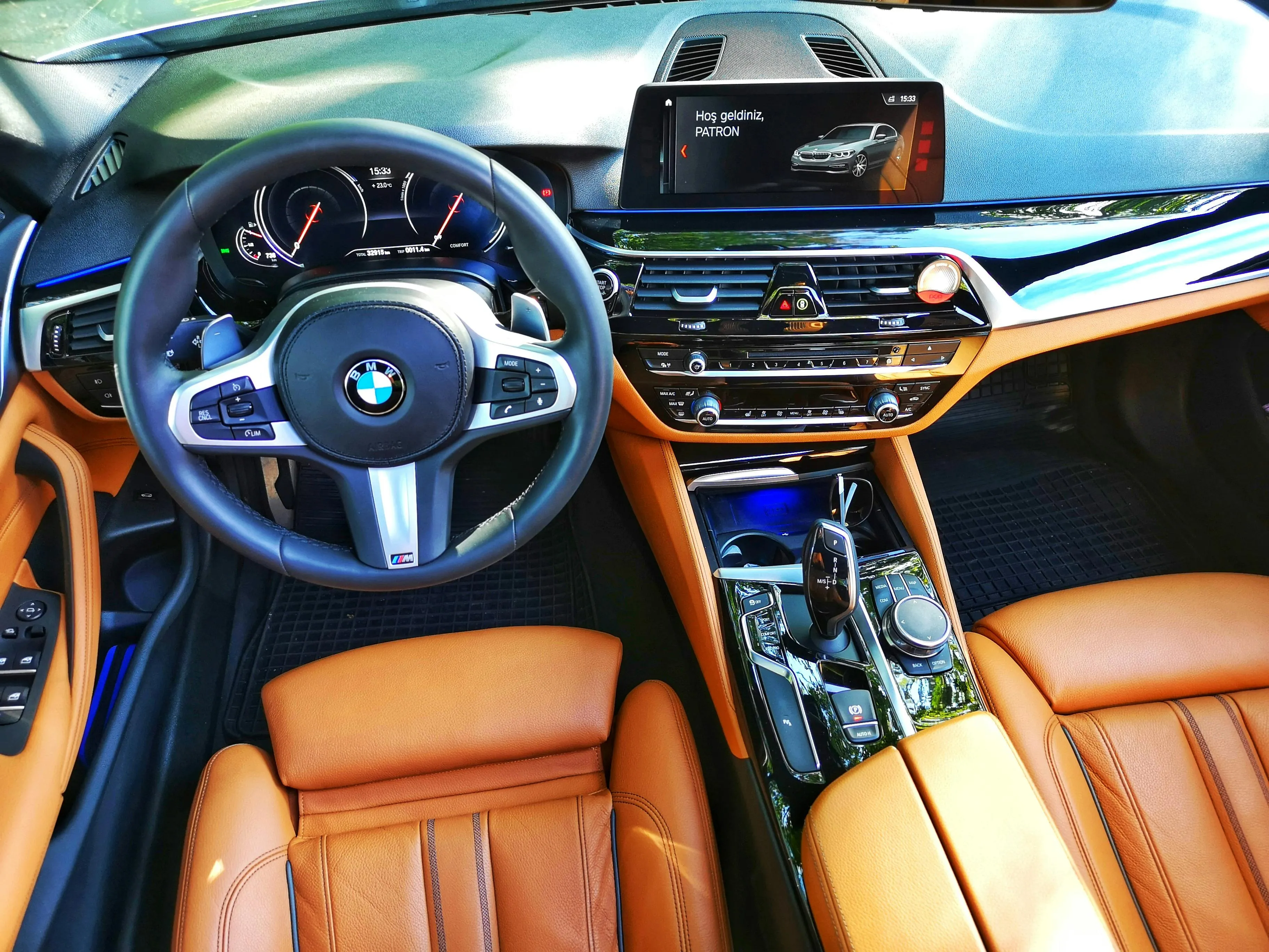 Closeup of Bmw Steering Wheel and Dashboard in Tan Interior