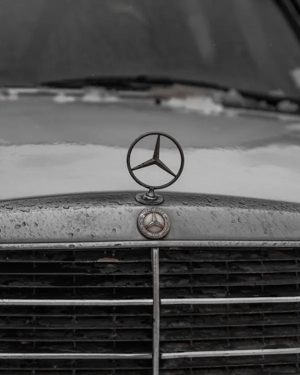 Closeup of Classic Mercedes Benz Front Grill in Rain