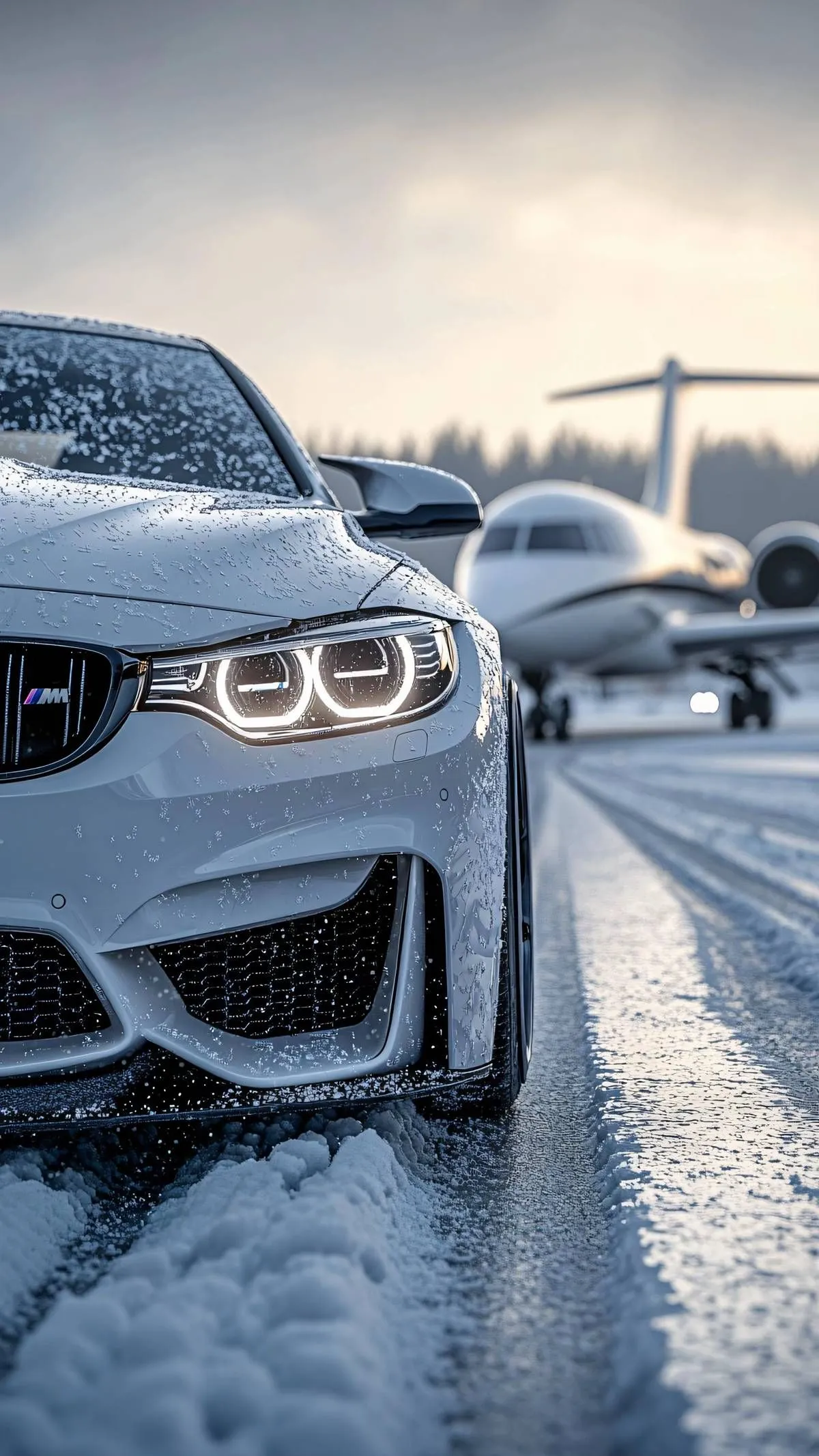 Closeup of Mercedes Benz Car on Wet Road in Winter Wallpaper