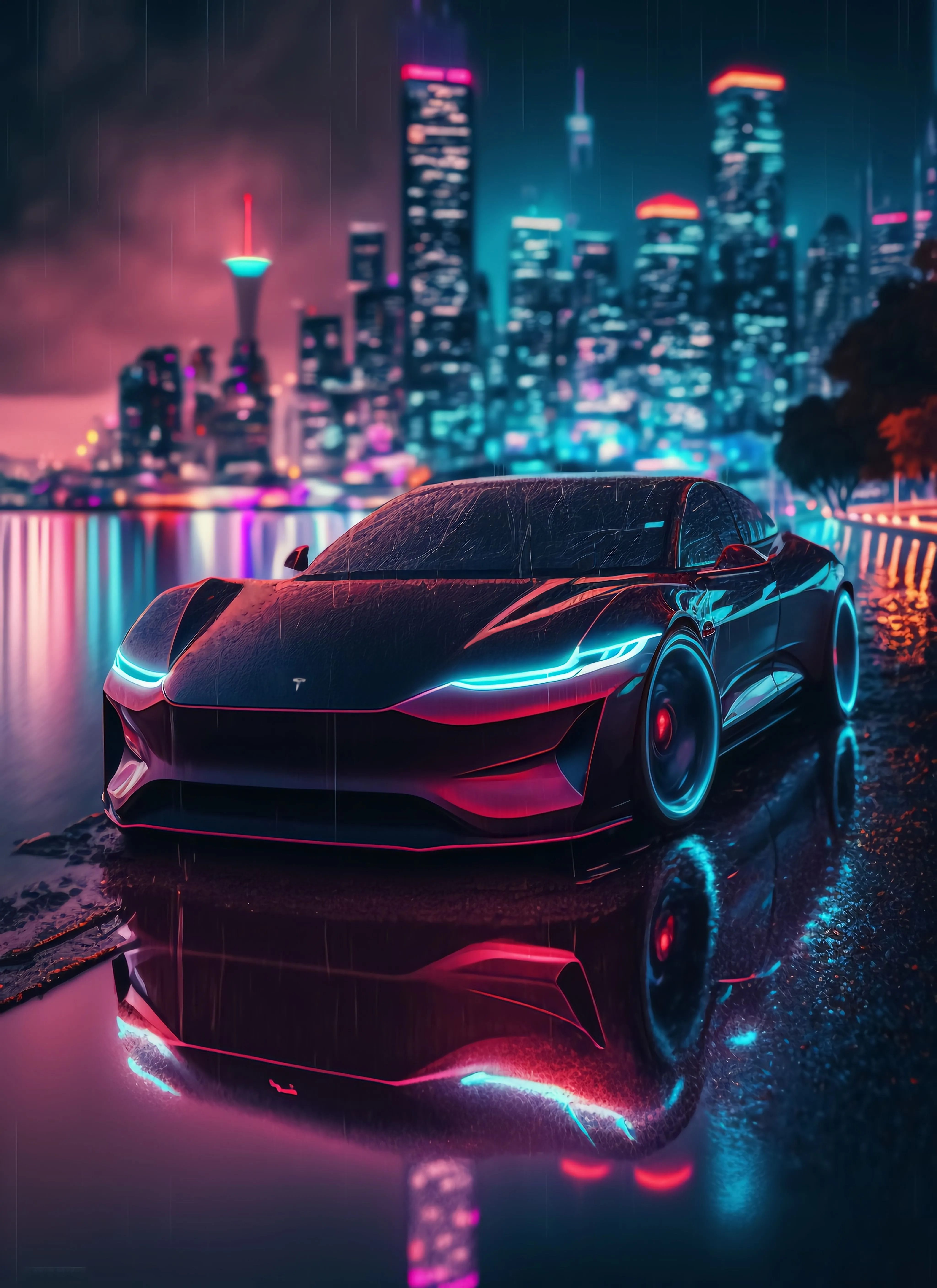Concept Mercedes Benz Supercar in Futuristic Neon City