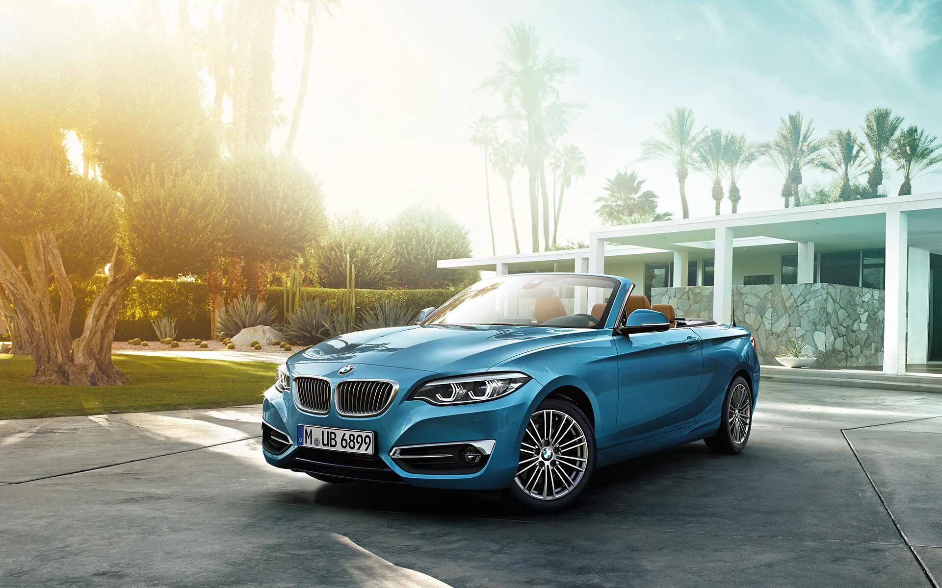 Convertible Blue Bmw in a Sunny Resort Area with Palm Trees