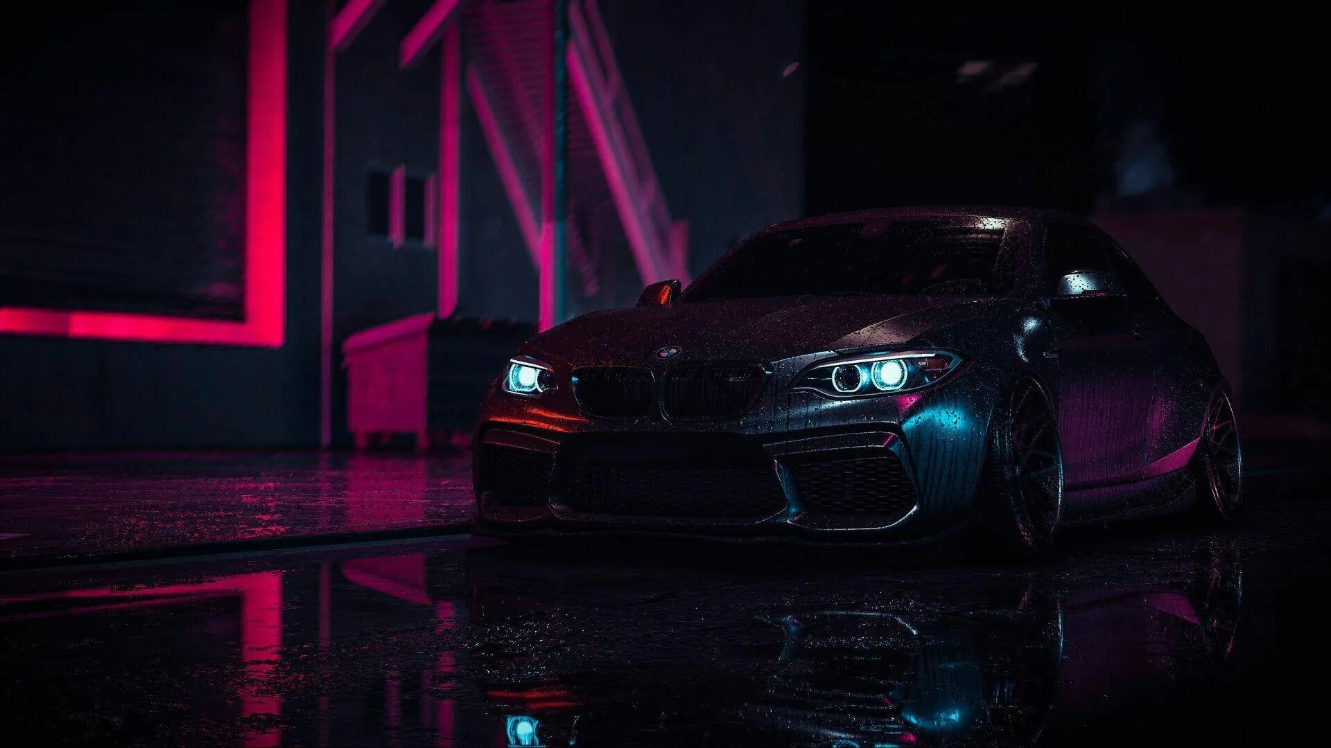 Dark Bmw Car in Neon Lit Urban Environment at Night