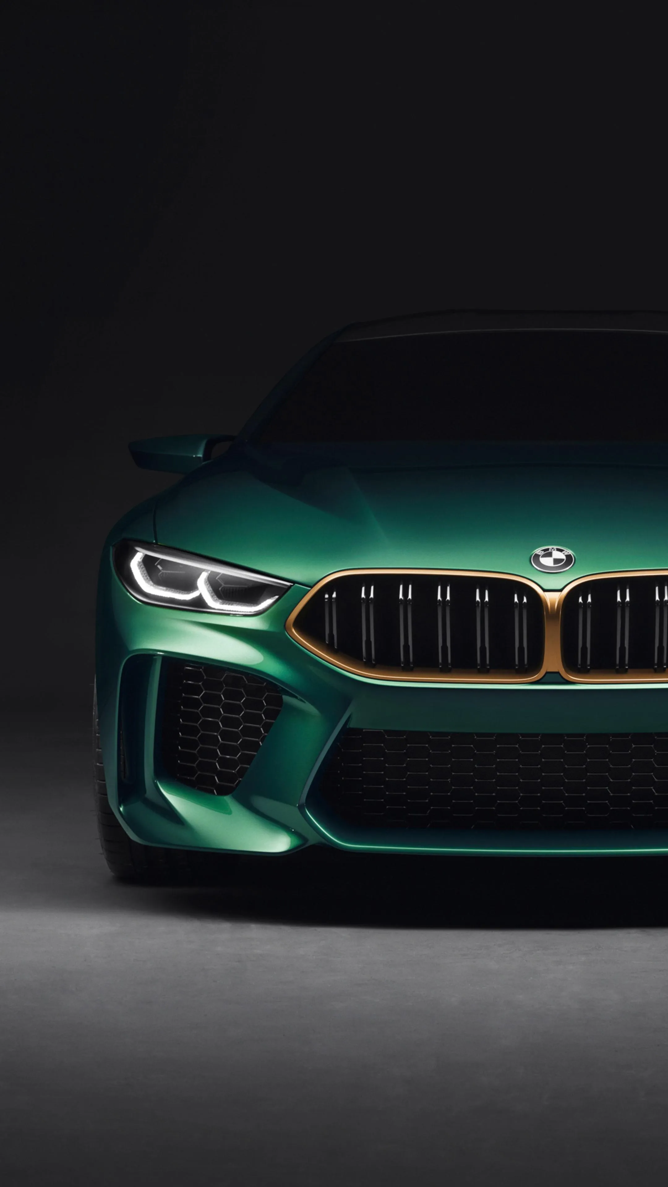 Dark Bmw Sporty Car with Illuminated Headlights at Night
