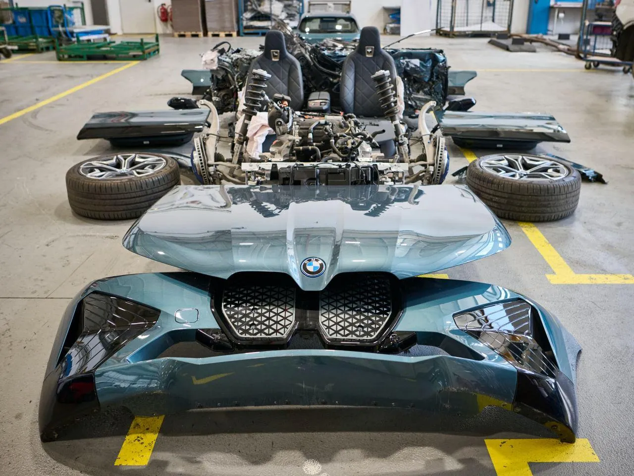 Disassembled Bmw Car Showing Frame and Engine Parts