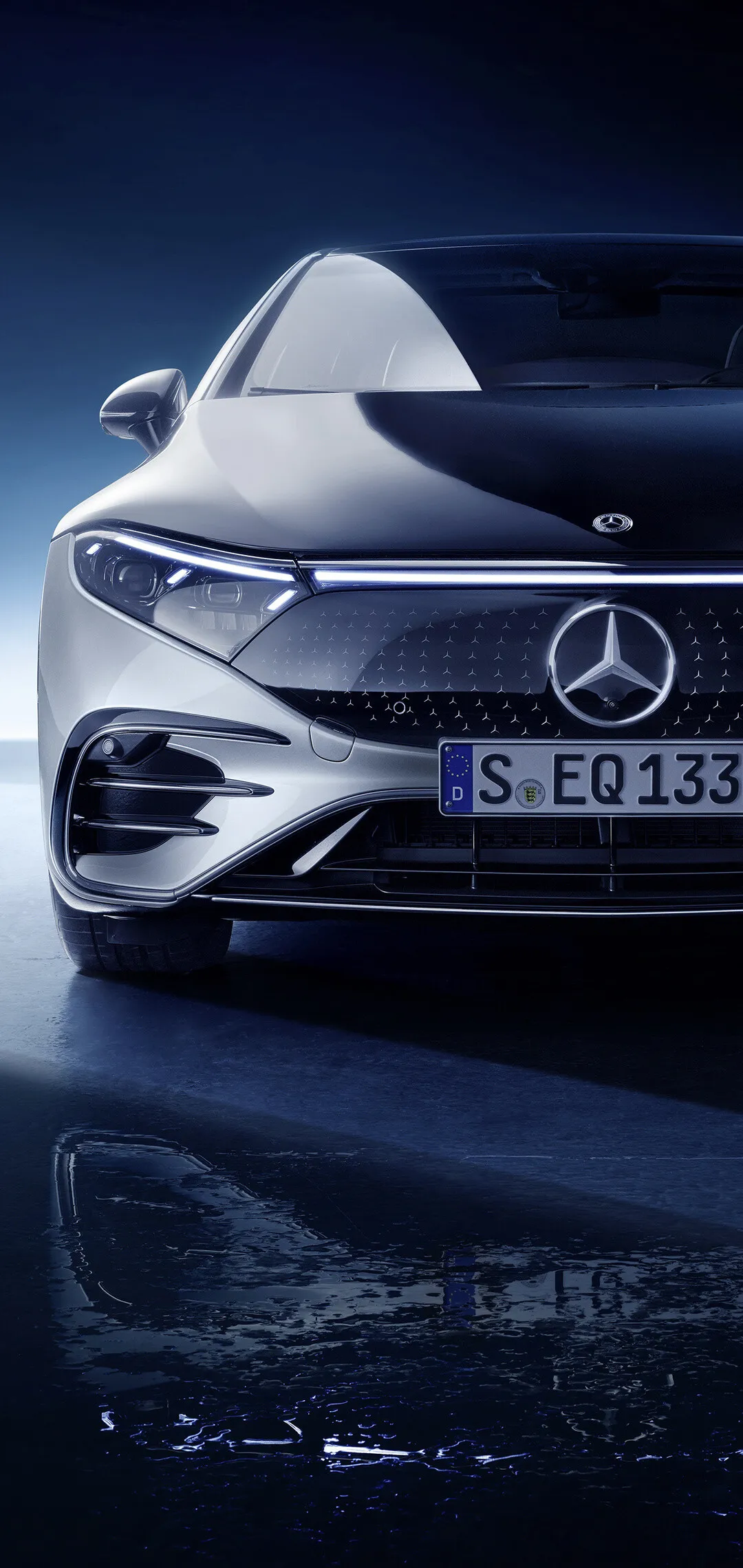 Electric Mercedes EQ Model Displayed in Blue Light Studio