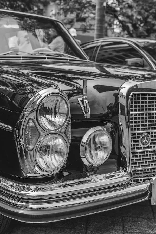 Front Grille of Classic Mercedes Captured in Black and White
