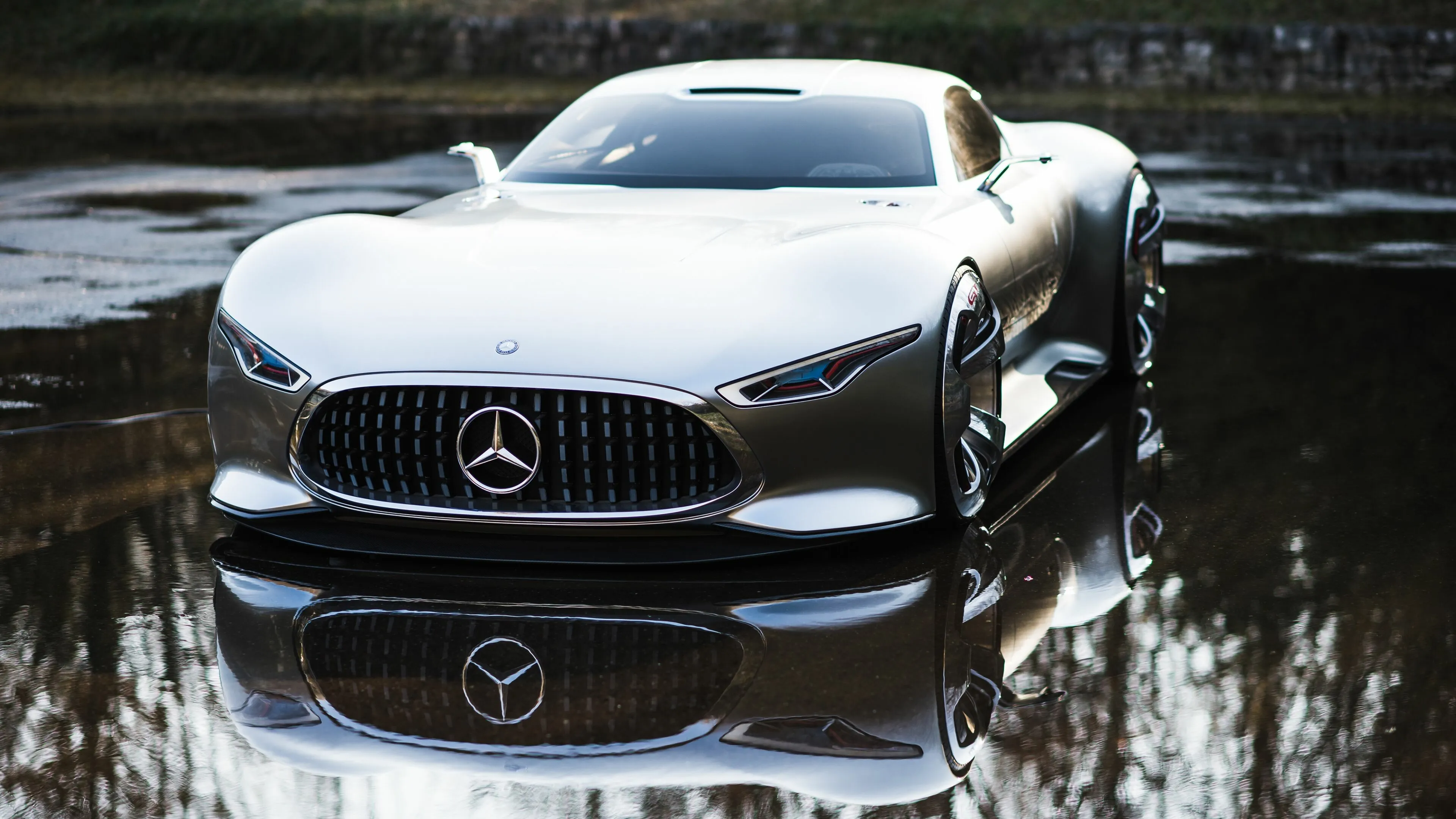 Front View Mercedes Benz Sports Car Reflected in Water