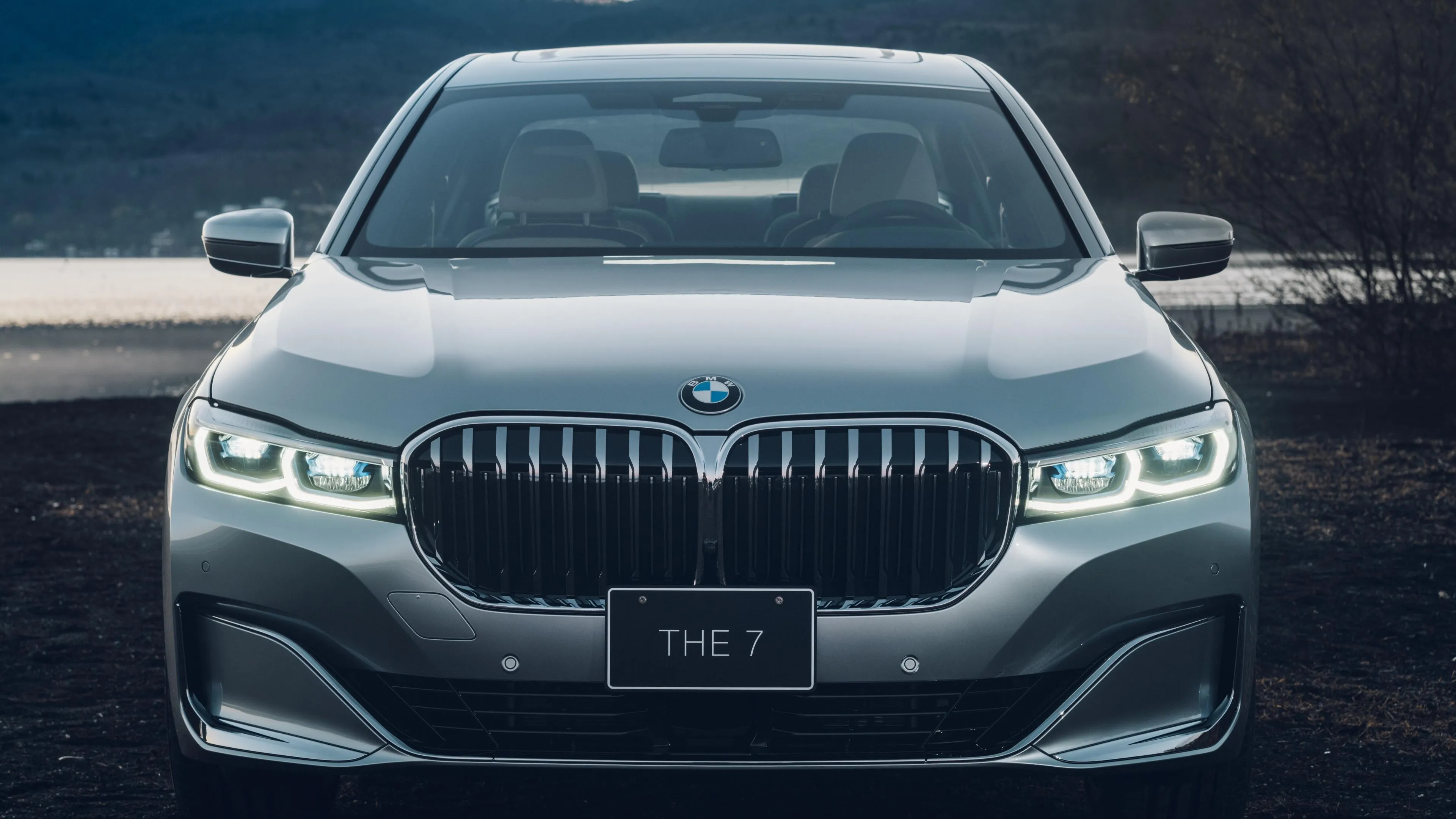 Front View of Grey Bmw with Sharp Headlights Glowing