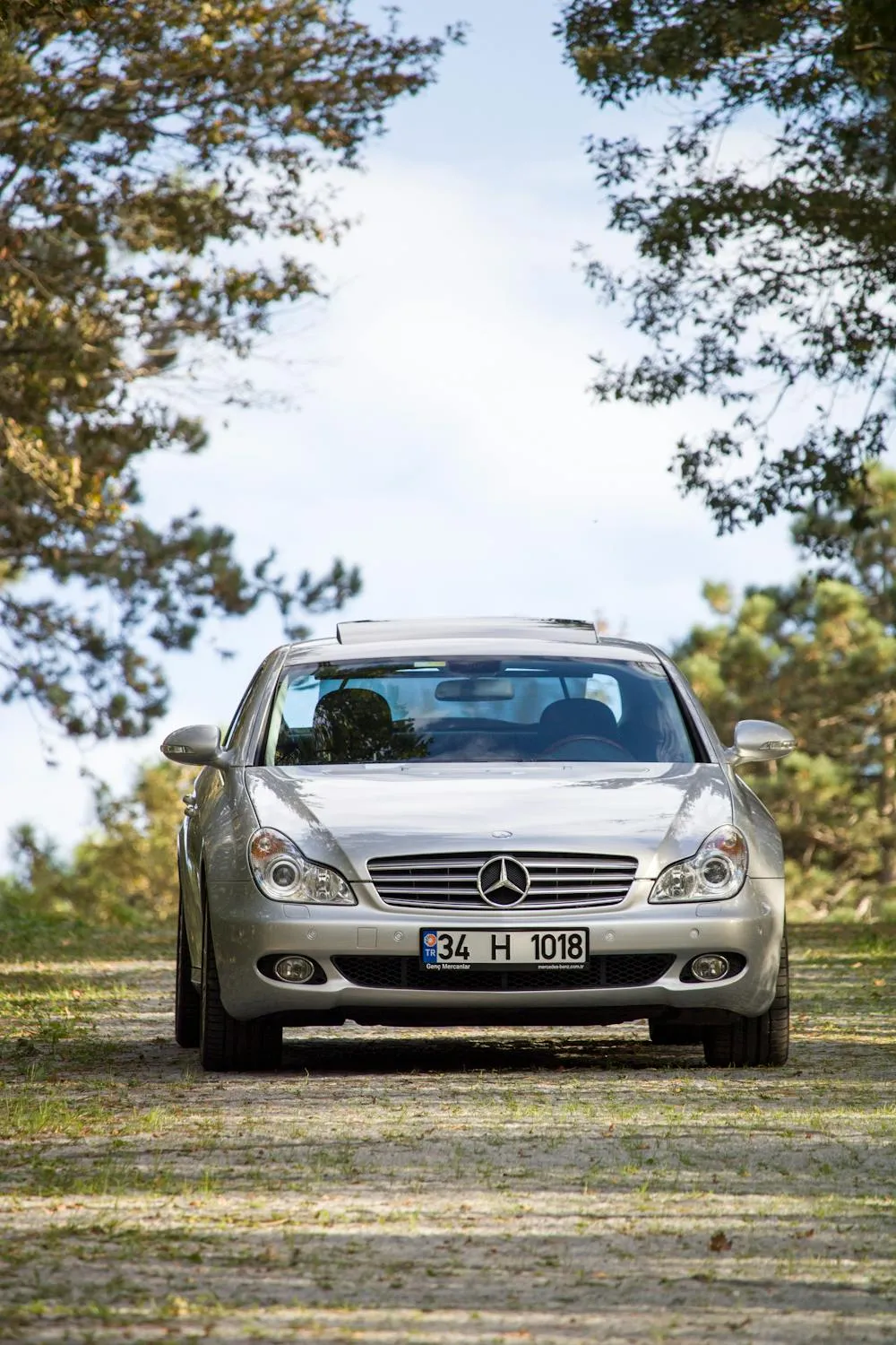 Front View of Mercedes Benz in a Natural Park Setting