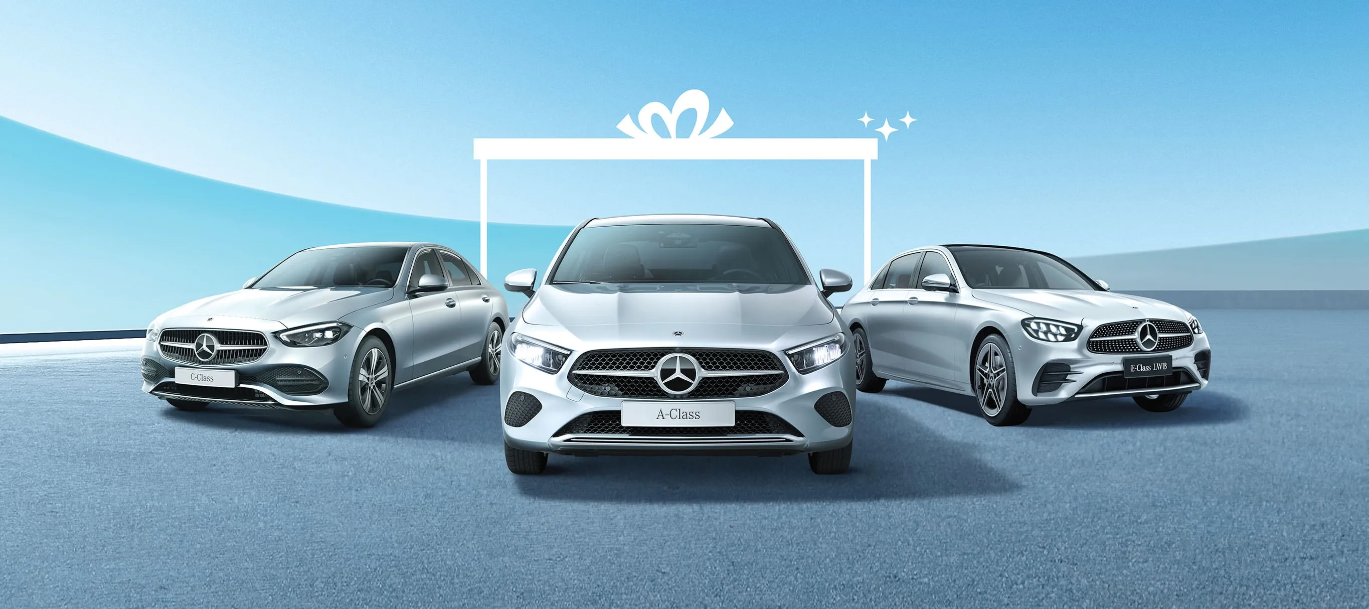 Front View of Mercedes Benz SUV Lineup on Sky Background