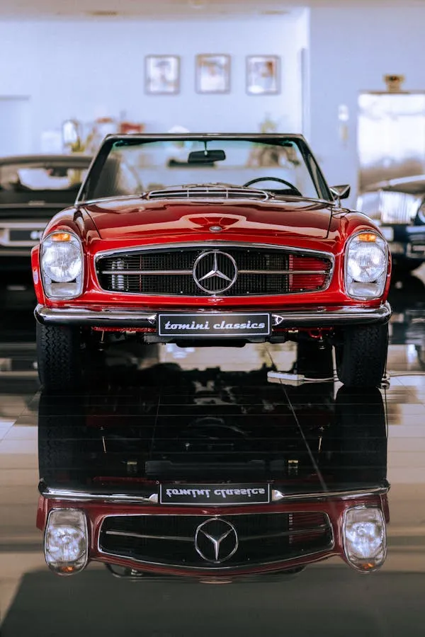 Front View of Red Classic Mercedes Benz with Reflection