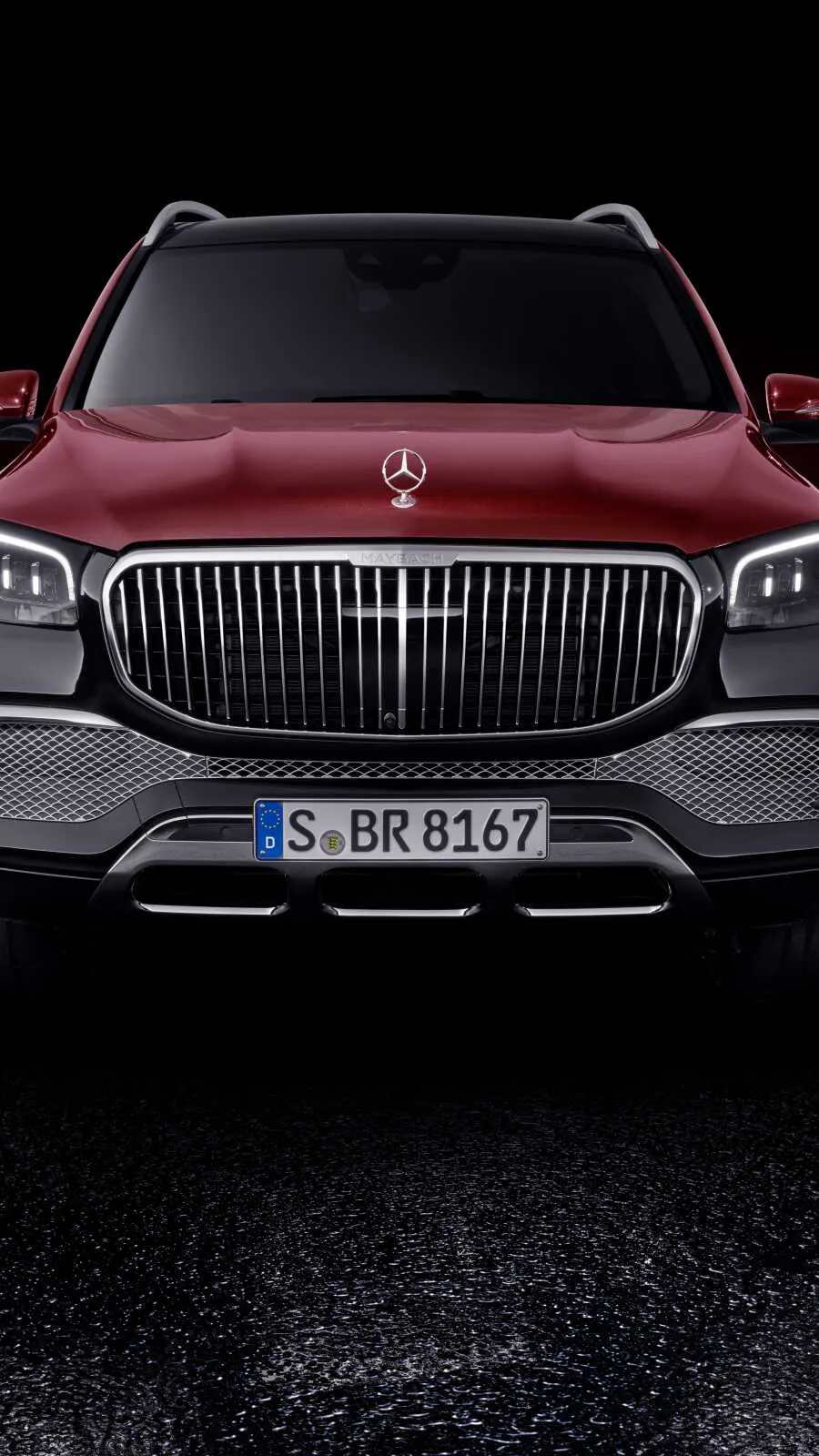 Front View of Red Mercedes Maybach With Luxury Grill