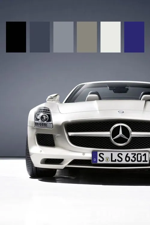 Front View of White Mercedes Benz Car with Color Palette