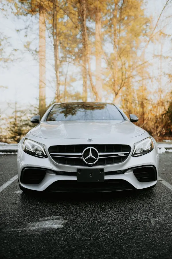 Front view of white Mercedes sports car in autumn light