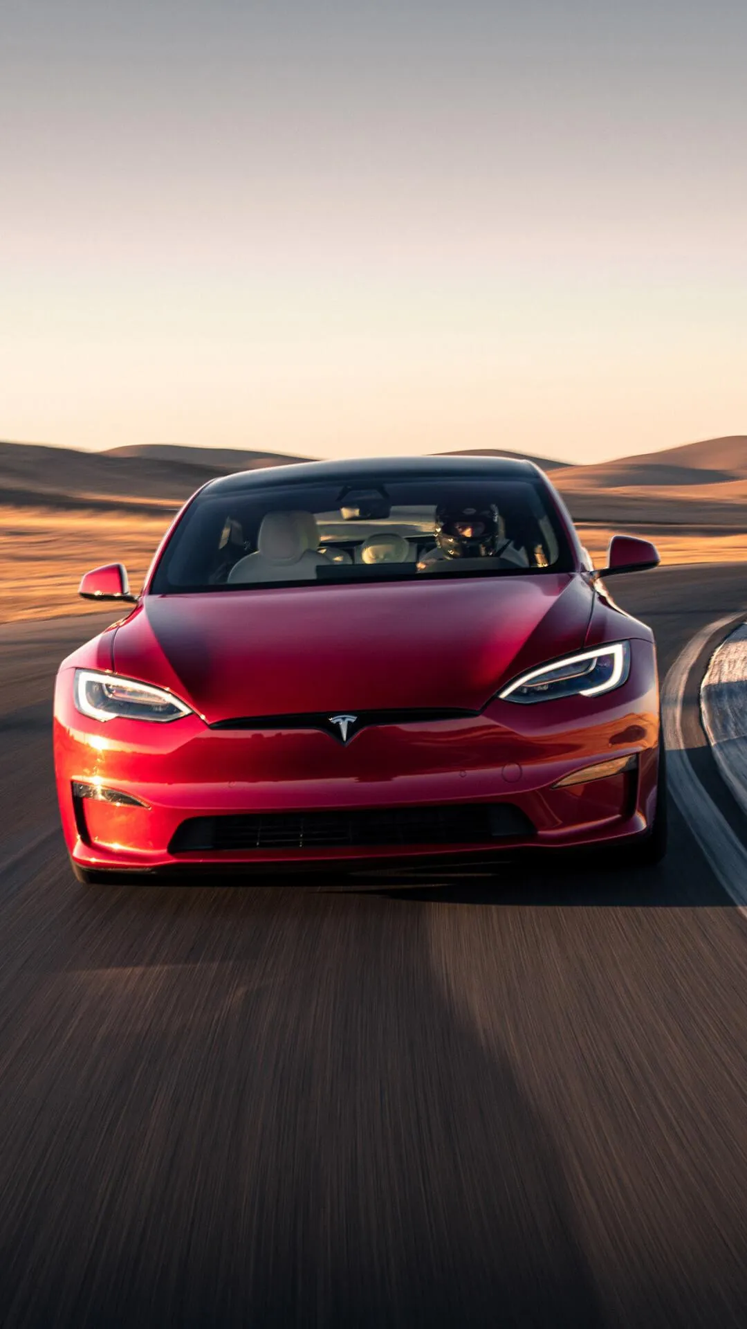 Front View Tesla Model S Red colour on Highway Drive