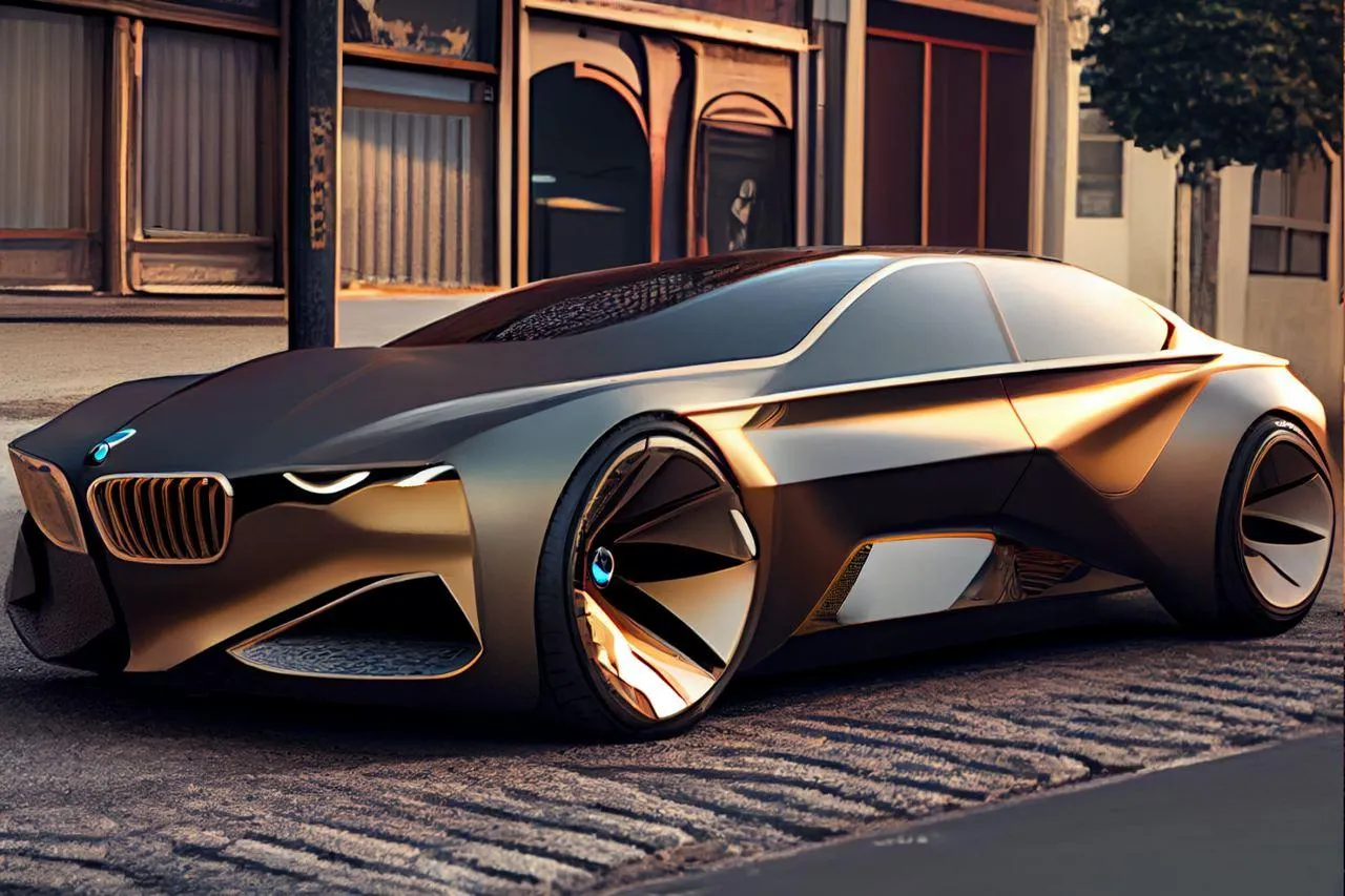 Futuristic Gold Bmw Concept Car Parked on Brick Street