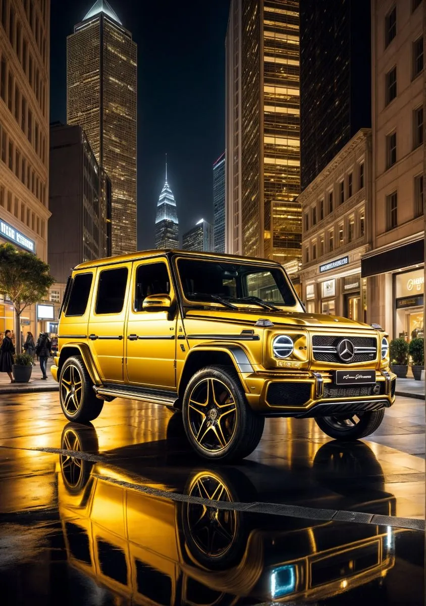 Gold Mercedes G Class Captured in Vibrant City Lights