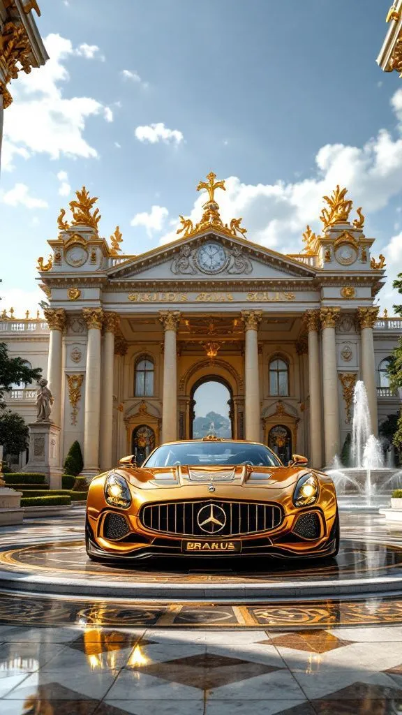 Golden Mercedes Benz in Front of Historic Building Wallpaper