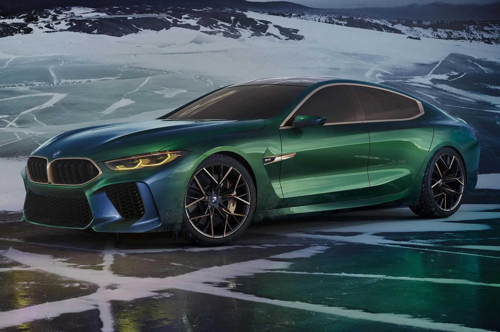 Green Bmw Sports Car Parked on Wet Track Under Stormy Sky