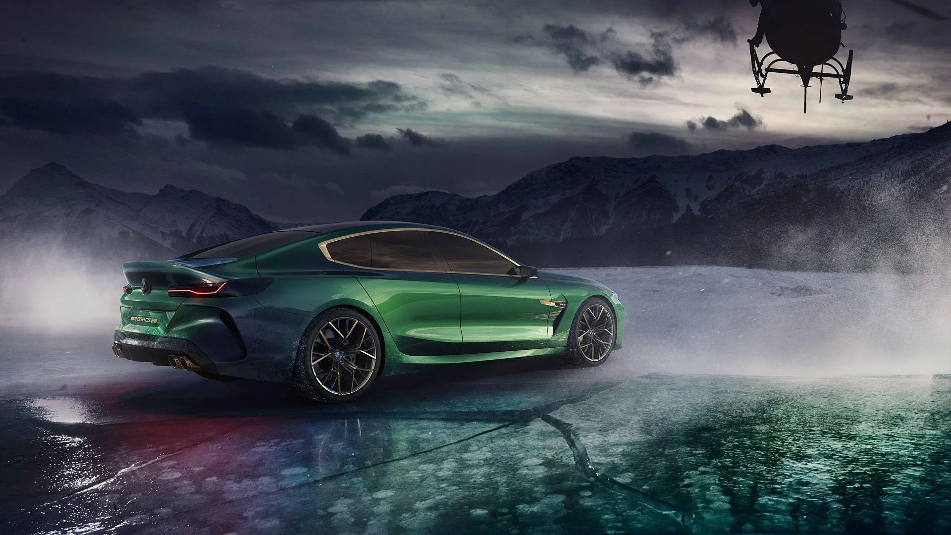 Green Bmw Sports Car Under Stormy Skies in Desert Image