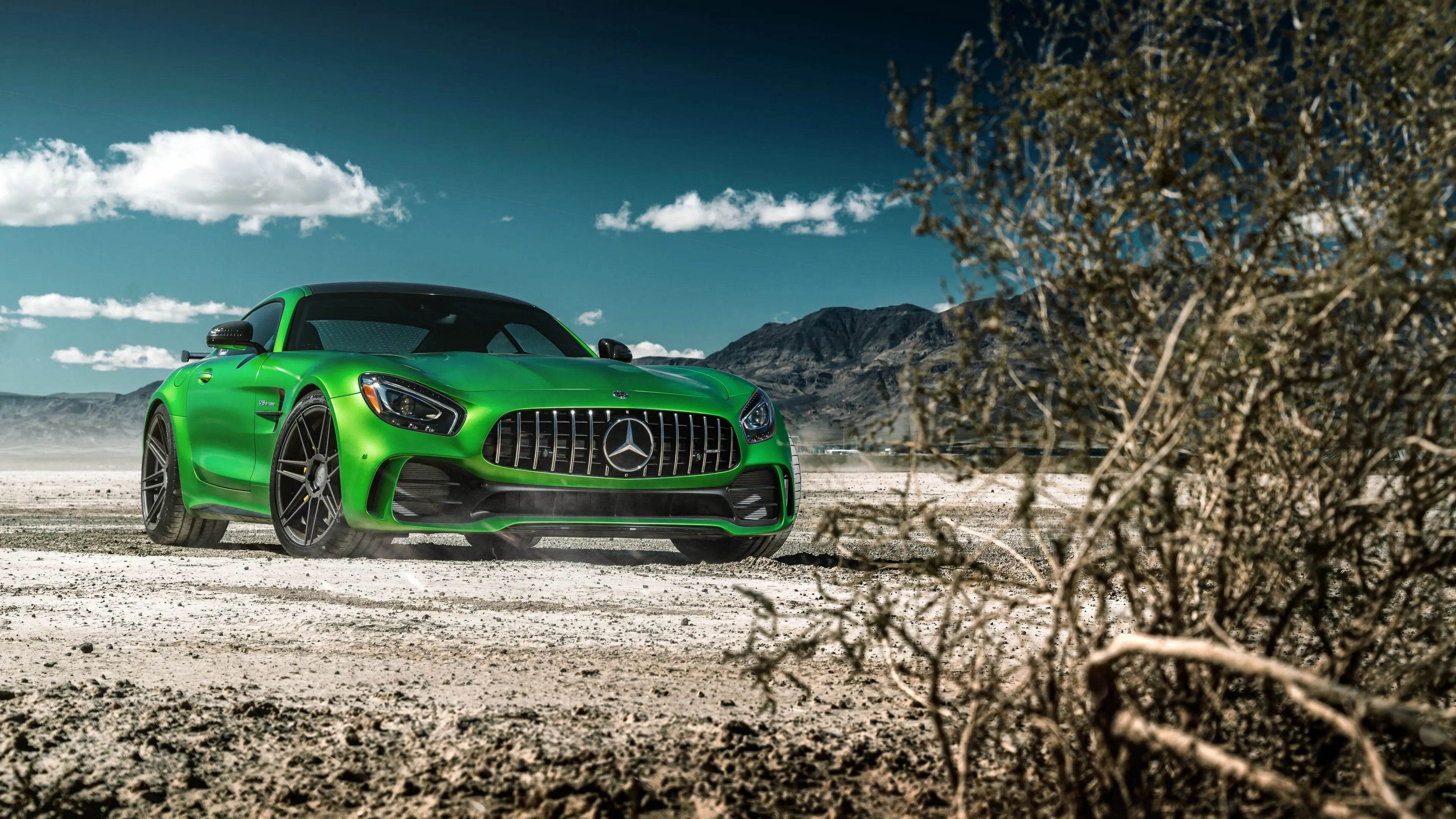 Green Mercedes Benz Sports Car in Desert Landscape HD