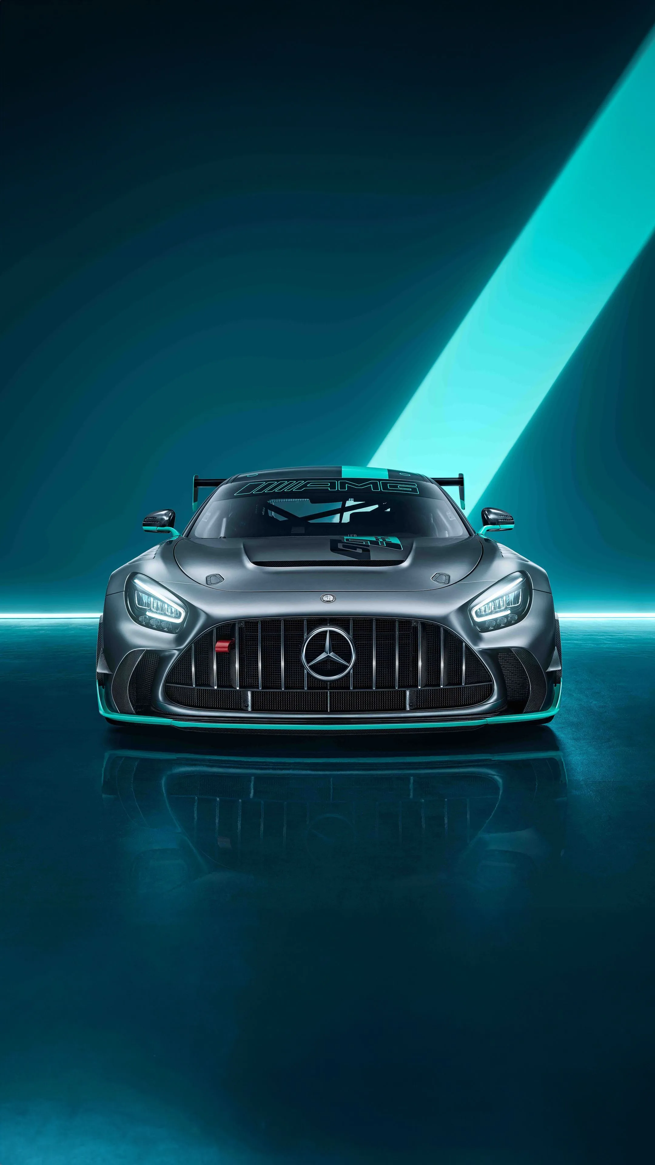 High performance Mercedes Benz sports car under neon lighting