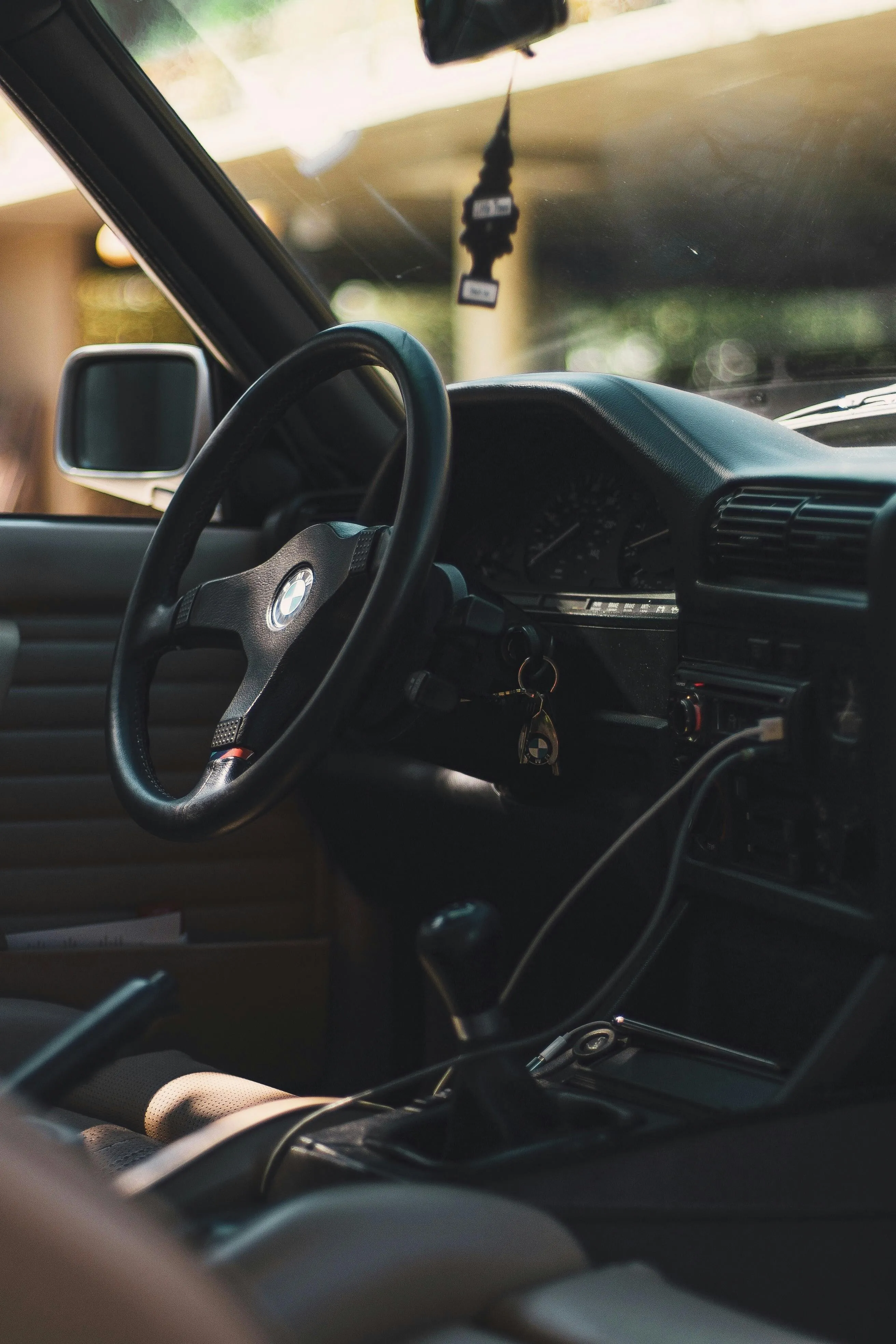 Interior of Classic Bmw with Steering Wheel Closeup
