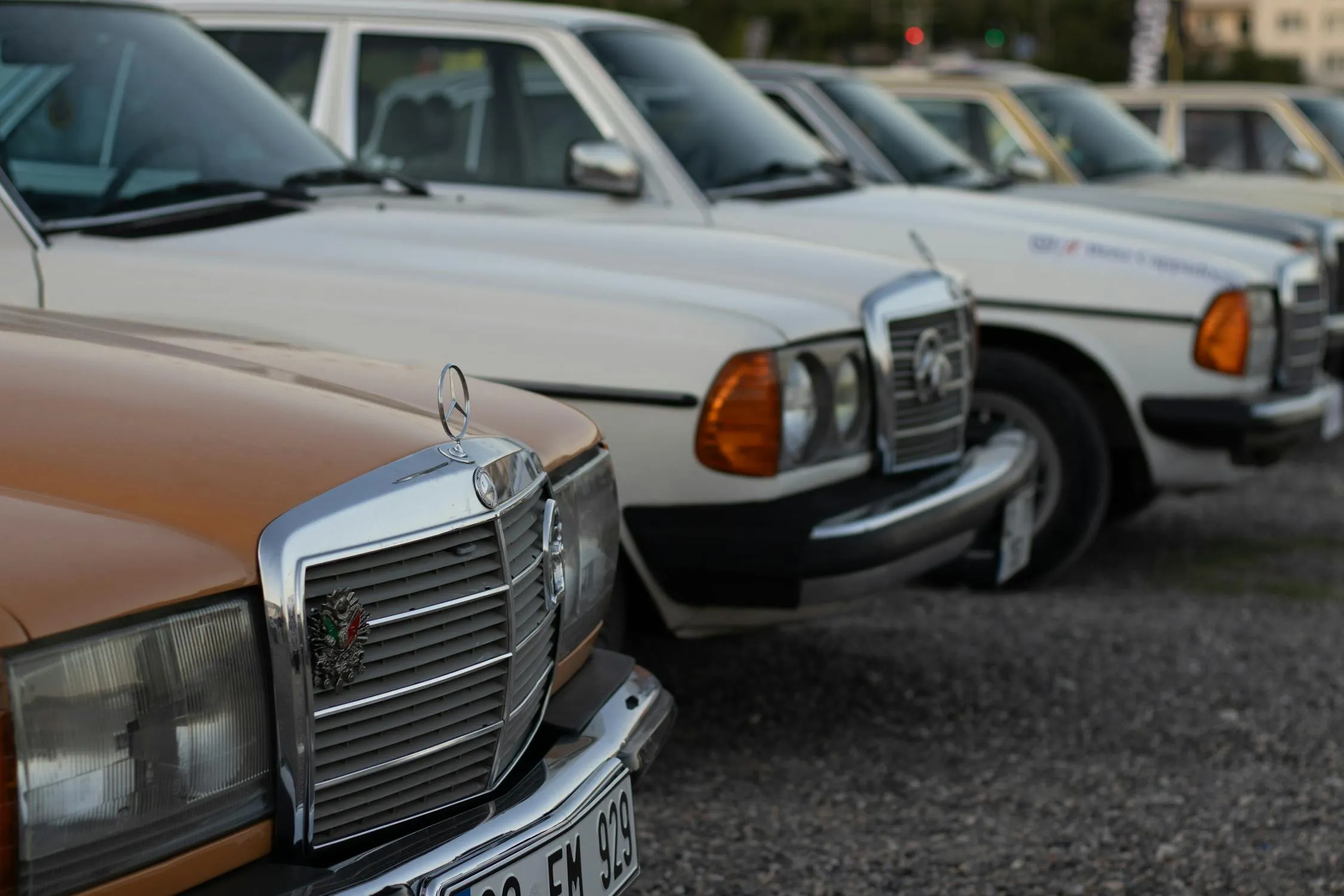 Lineup of Classic Mercedes Benz Cars in Outdoor Parking