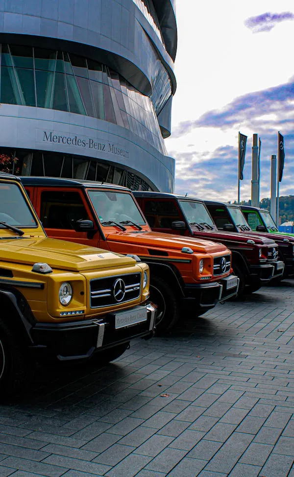 Lineup of Mercedes Benz G Wagons Outside Dealership
