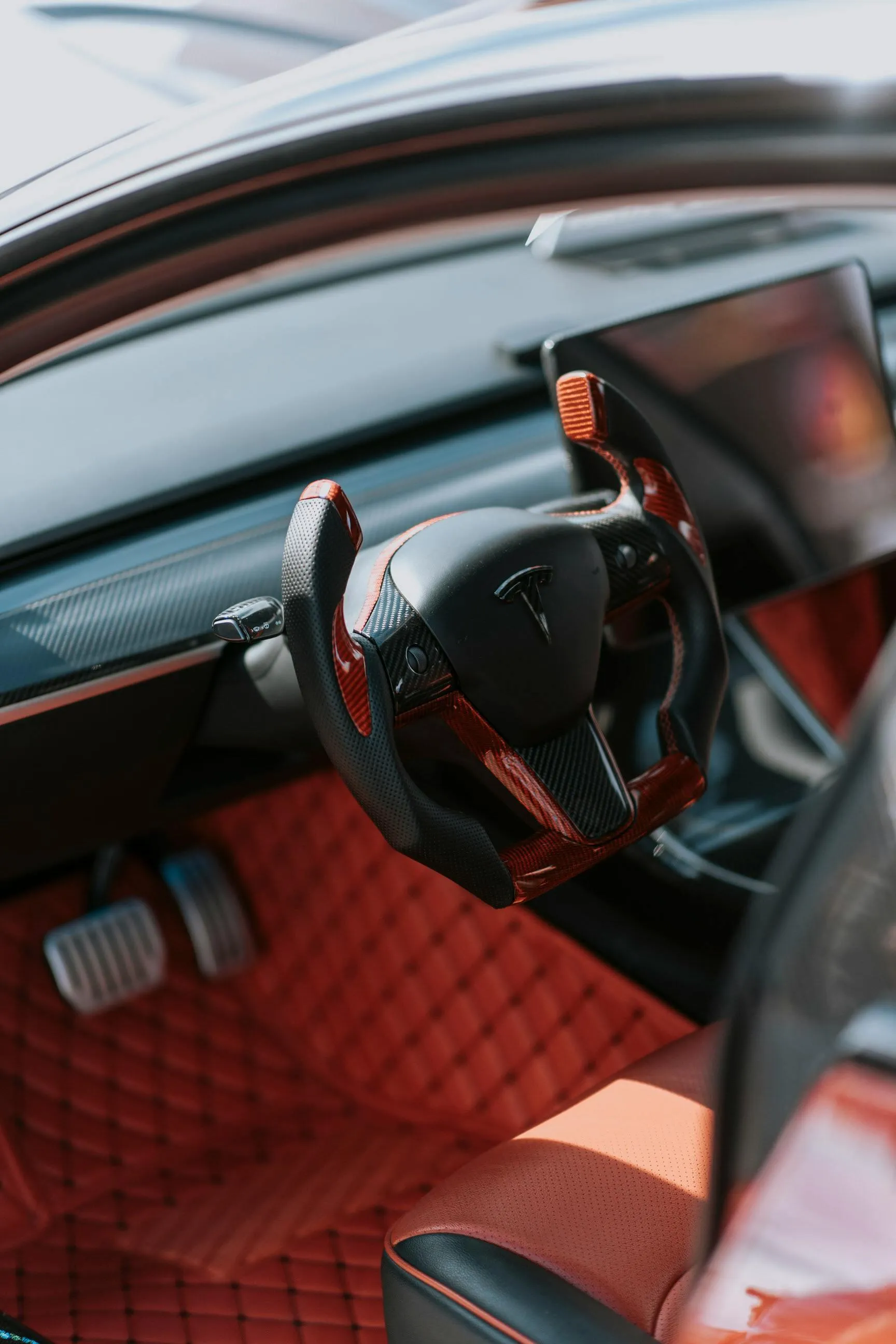 Luxurious Tesla Interior Brown Leather Steering HD Wallpaper