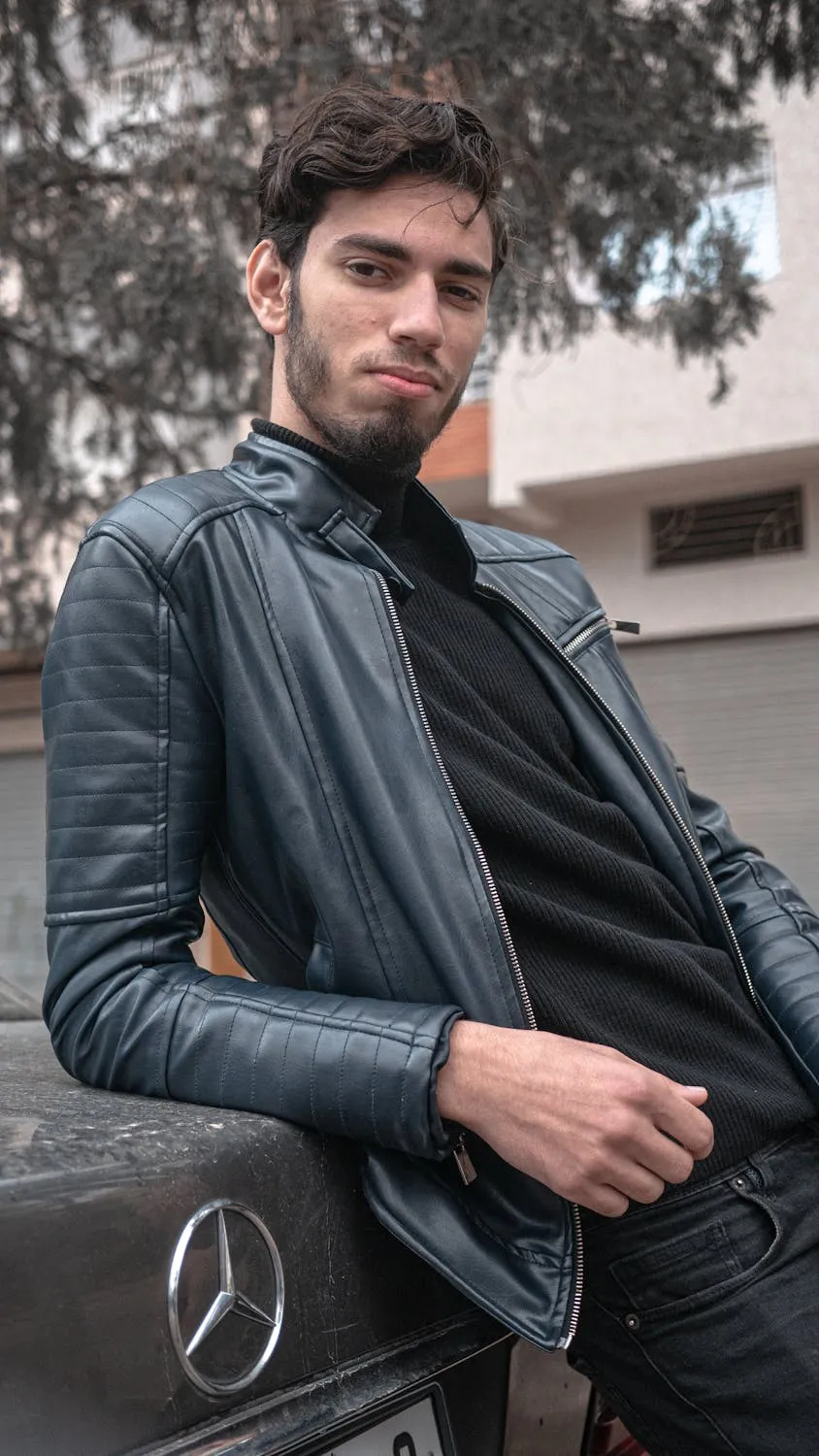 Man in Leather Jacket Leaning on Mercedes Car free Wallpaper