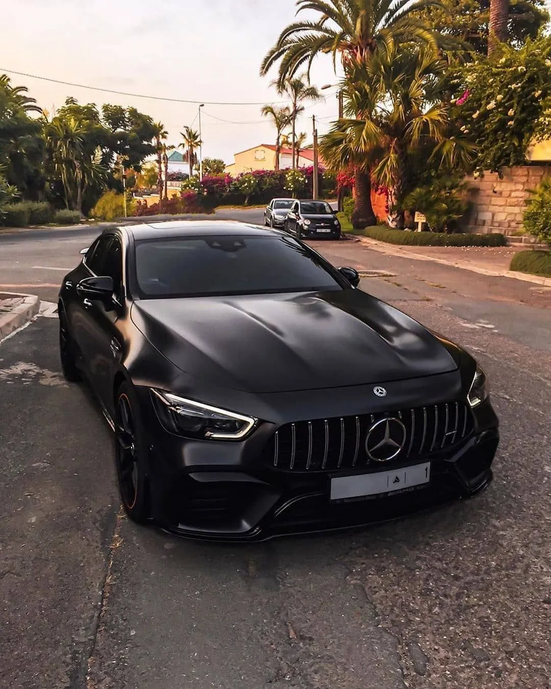 Matte Black Mercedes Benz AMG Parked on Suburban Road