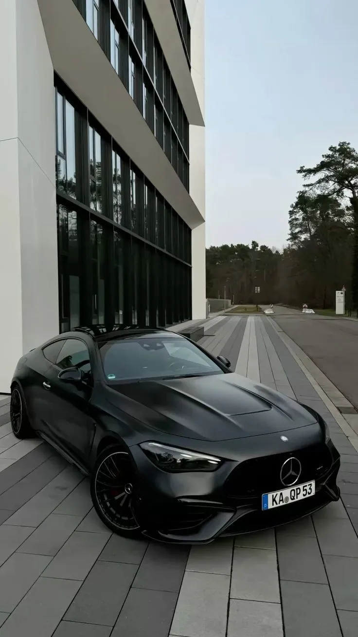 Matte Black Mercedes Benz Coupe in Business Complex 4K