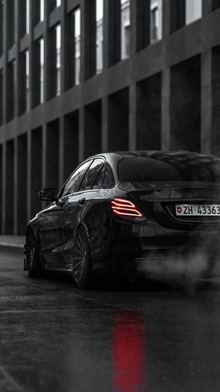 Matte Black Mercedes Drifting in Urban Red Light Scene