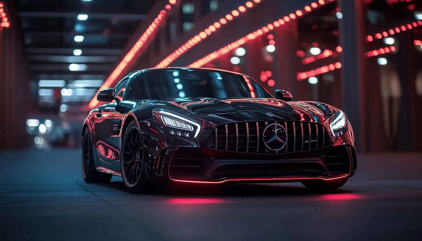 Mercedes AMG in Neon Tunnel with Sporty Design Wallpaper
