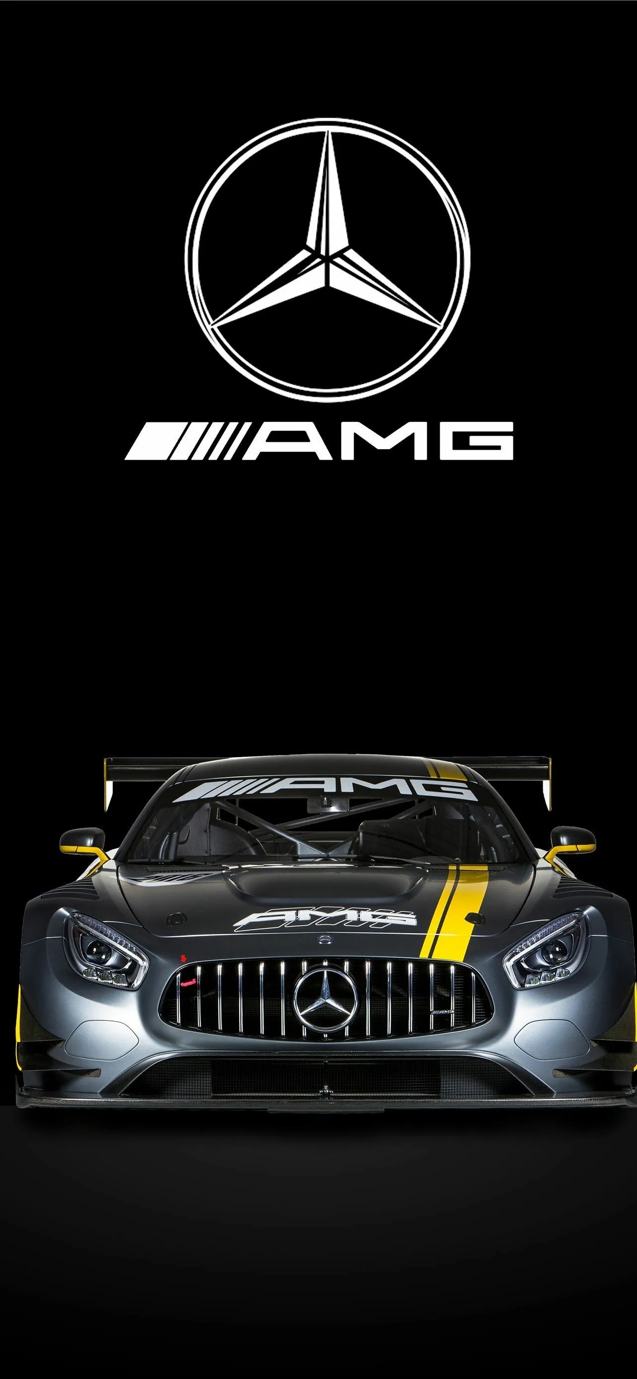 Mercedes AMG Logo and Front View of High Performance Car