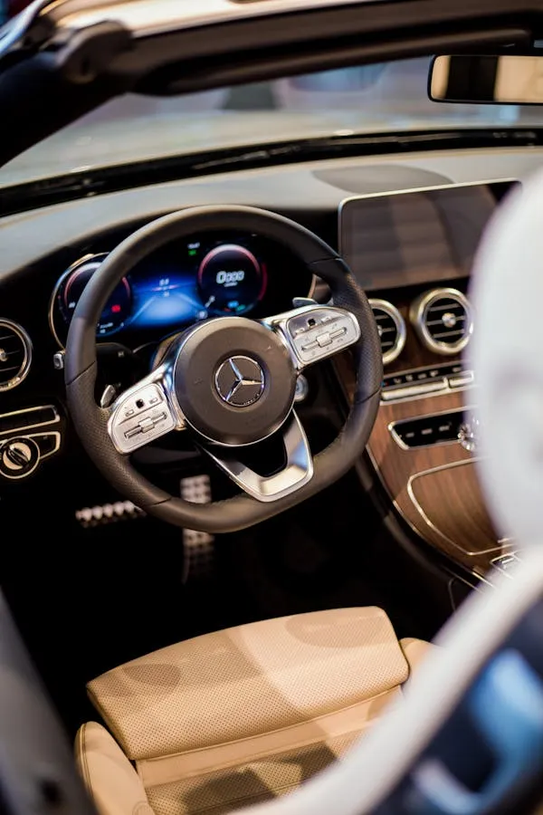 Mercedes Benz Car Interior with Steering Wheel and Controls