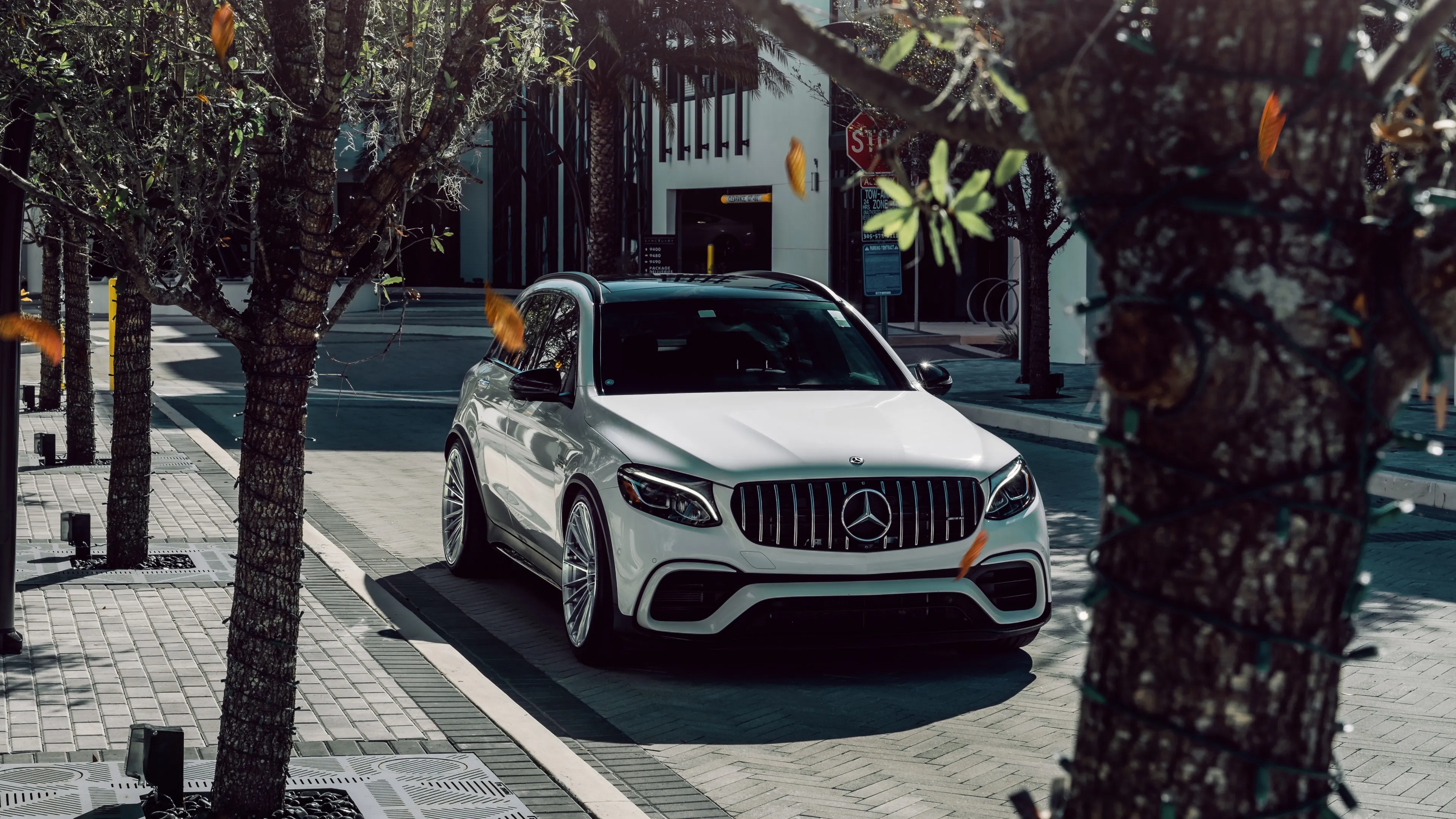 Mercedes Benz Car Parked Near Trees in City Street Wallpaper