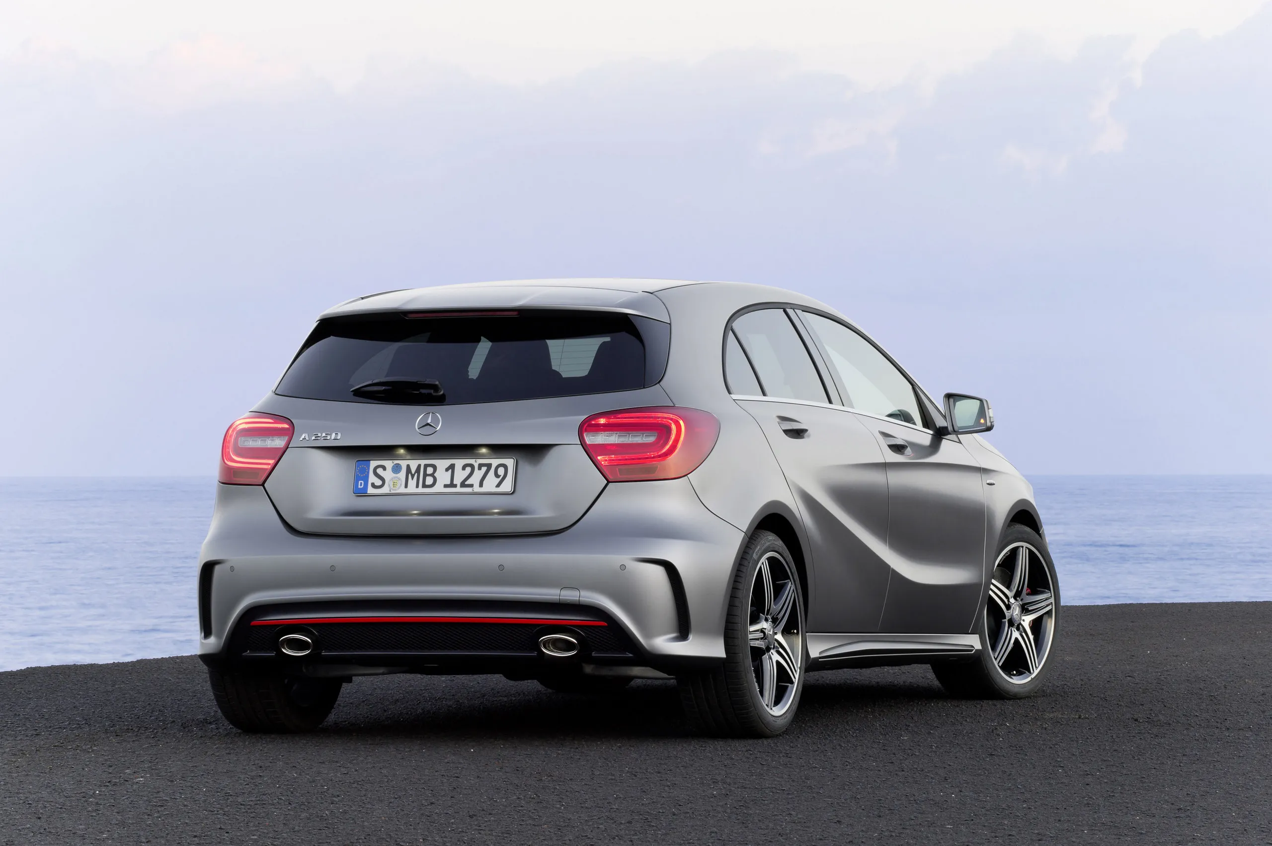 Mercedes Benz Compact Car Rear View with Ocean Background