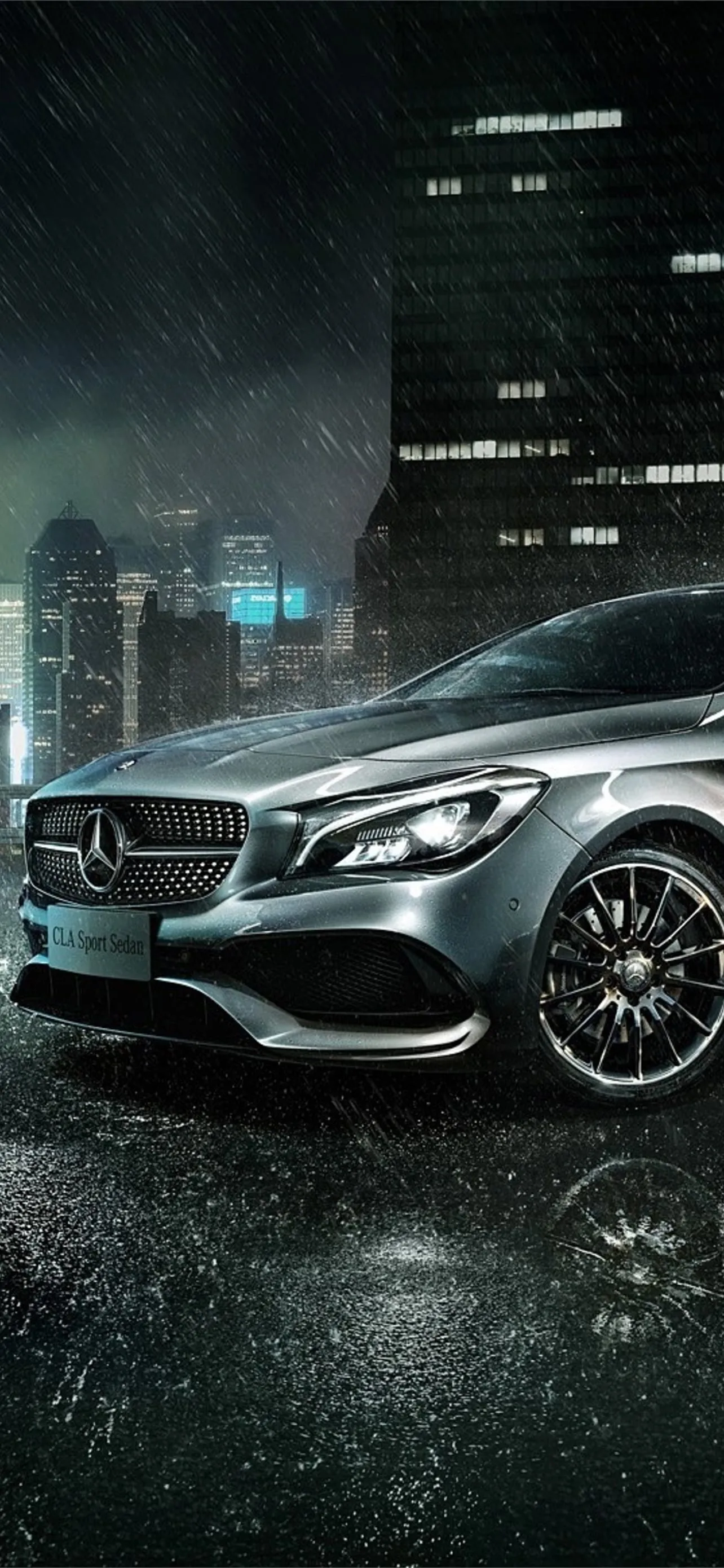 Mercedes Benz Front Close Up in Rainy City Night Wallpaper