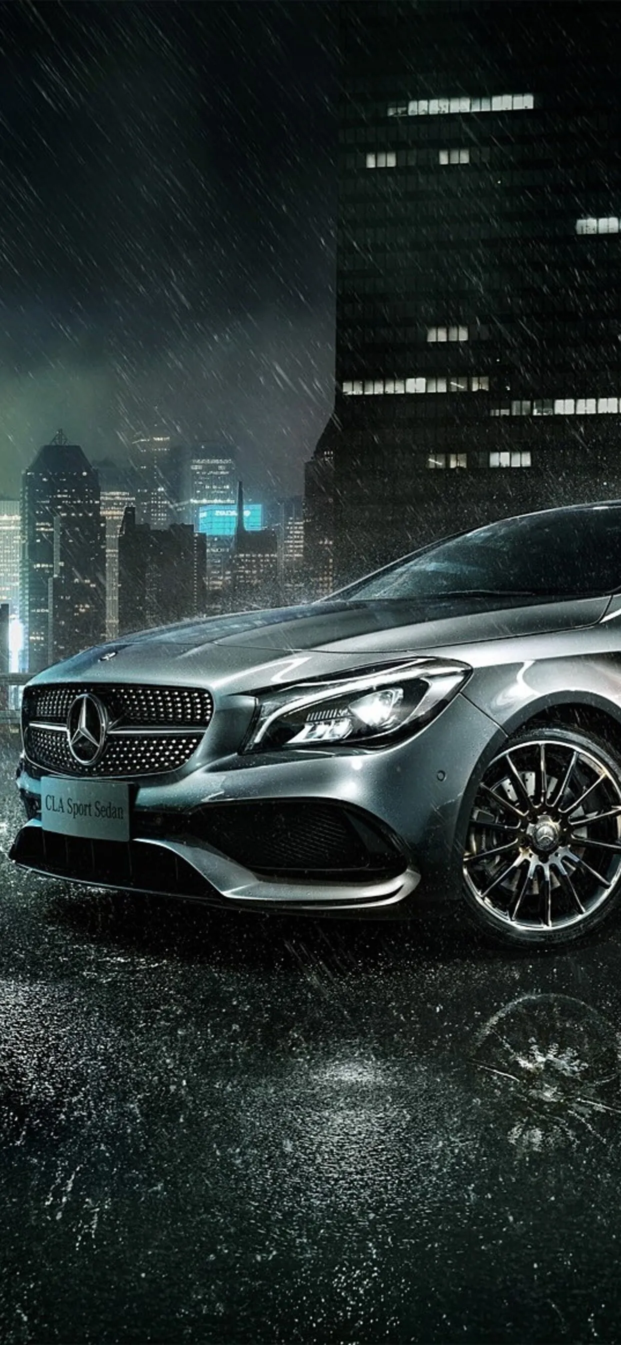 Mercedes Benz Front Close Up in Rainy Night City Wallpaper