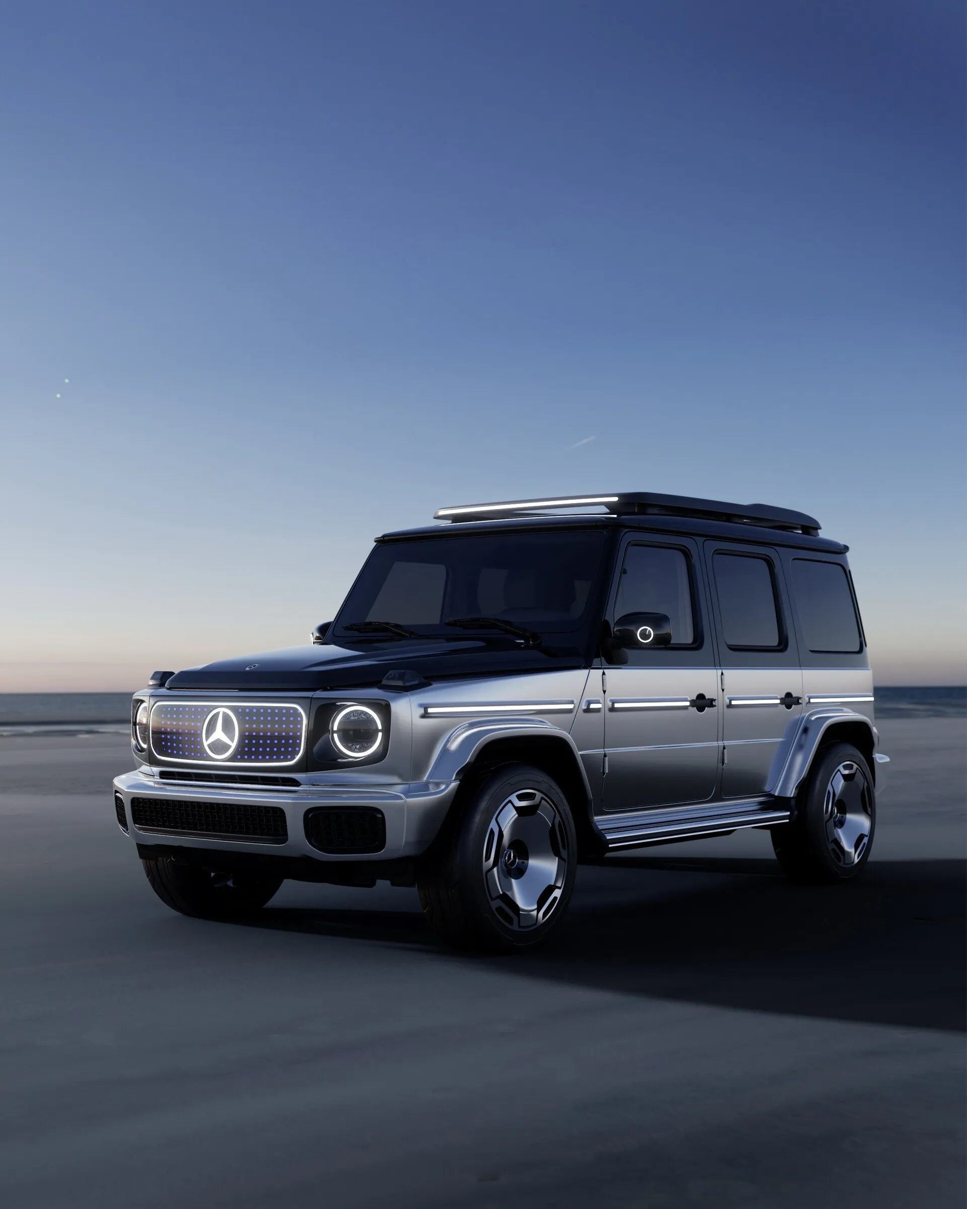 Mercedes Benz G Wagon driving on a smooth road at sunset