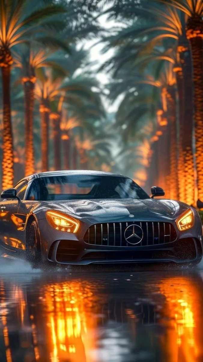 Mercedes Benz Illuminated by City Lights at Night Wallpaper